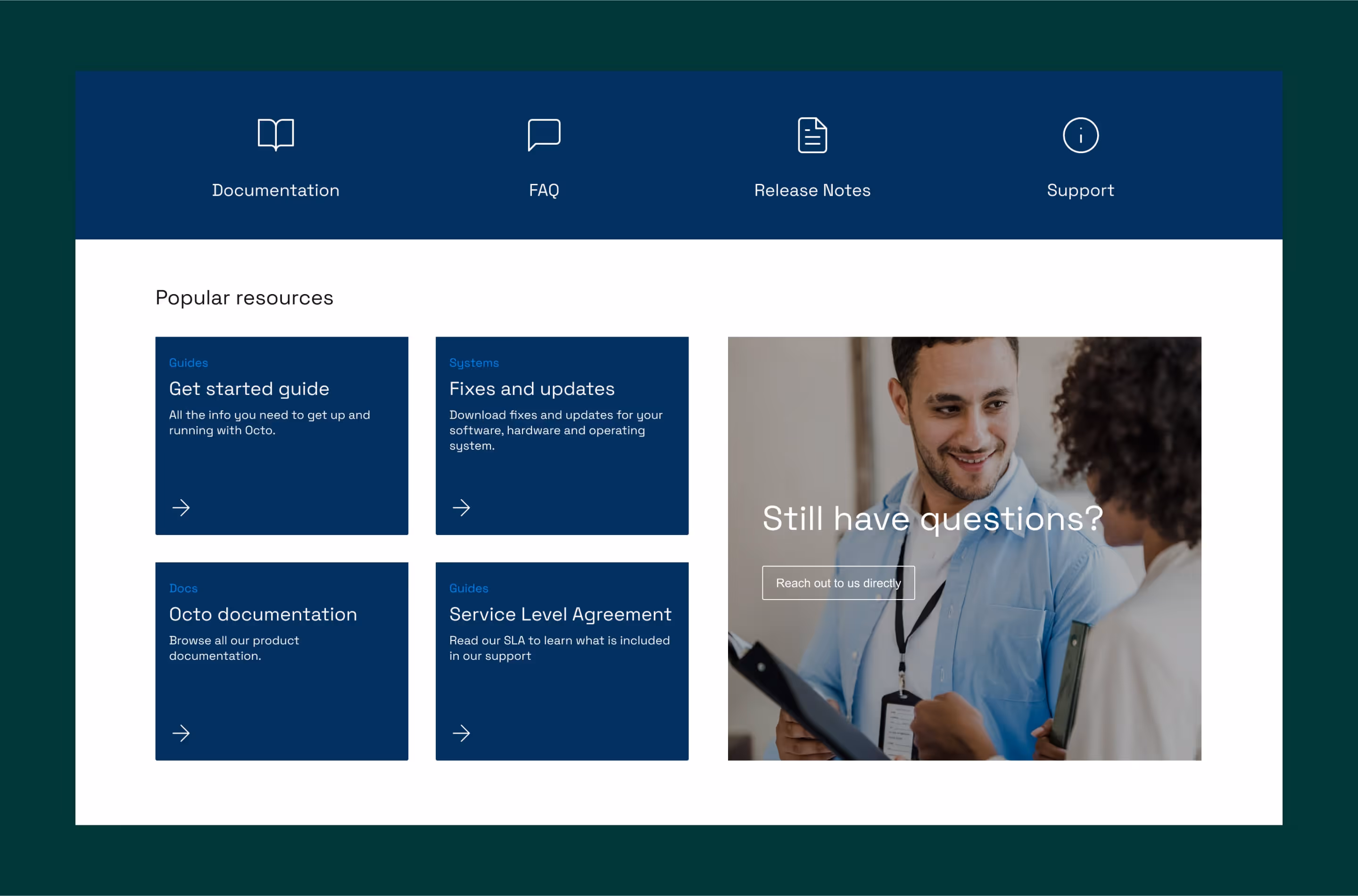 A visual showing a support  landing page layout.