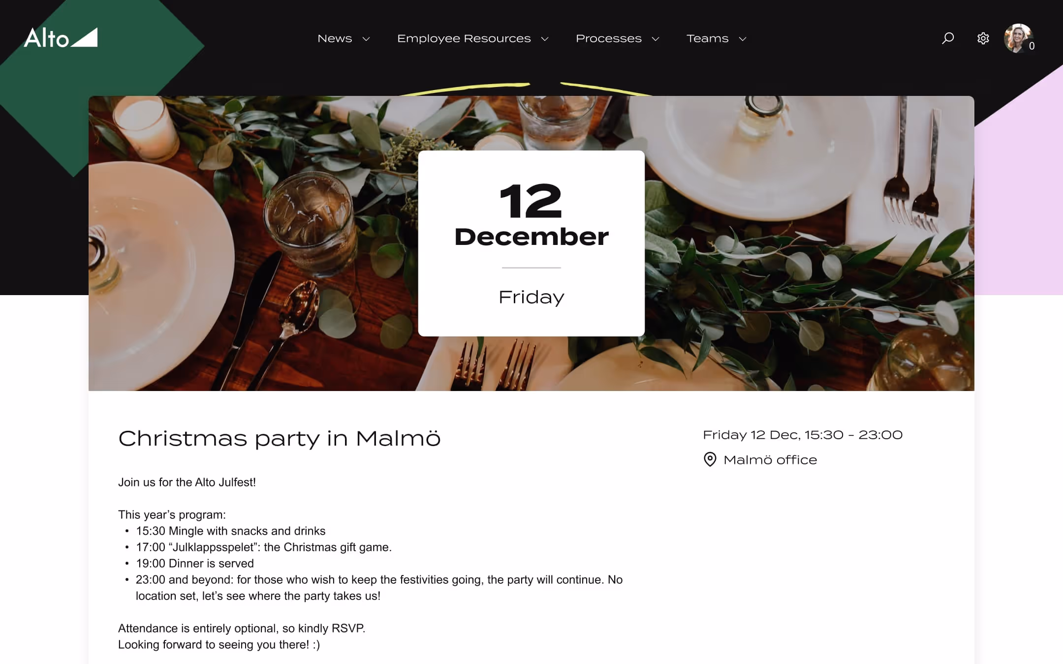 A Refined site showing the events feature.