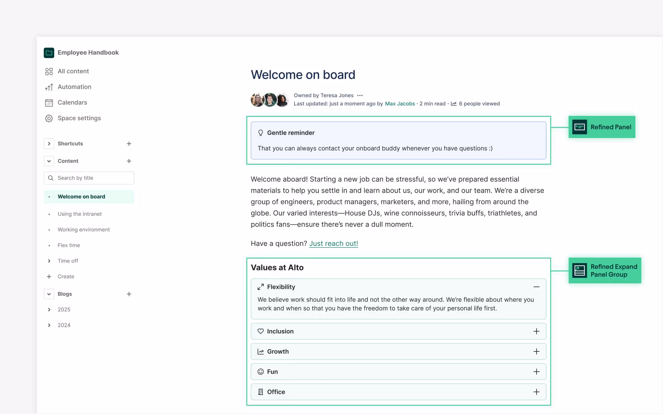 A Confluence page with the Refined panel and expand panel group macros added.