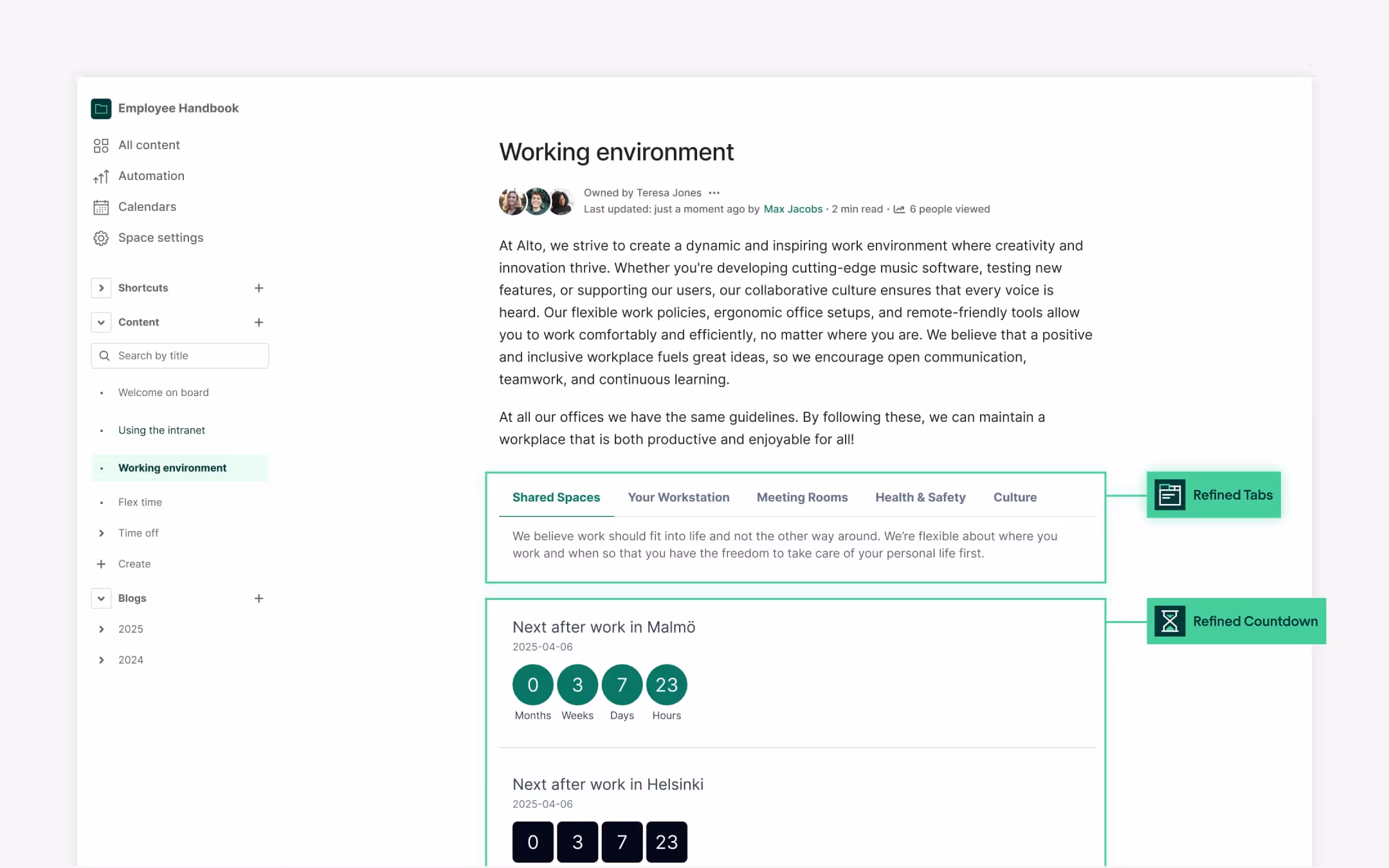 A Confluence page with the Refined tabs and countdown macros added.