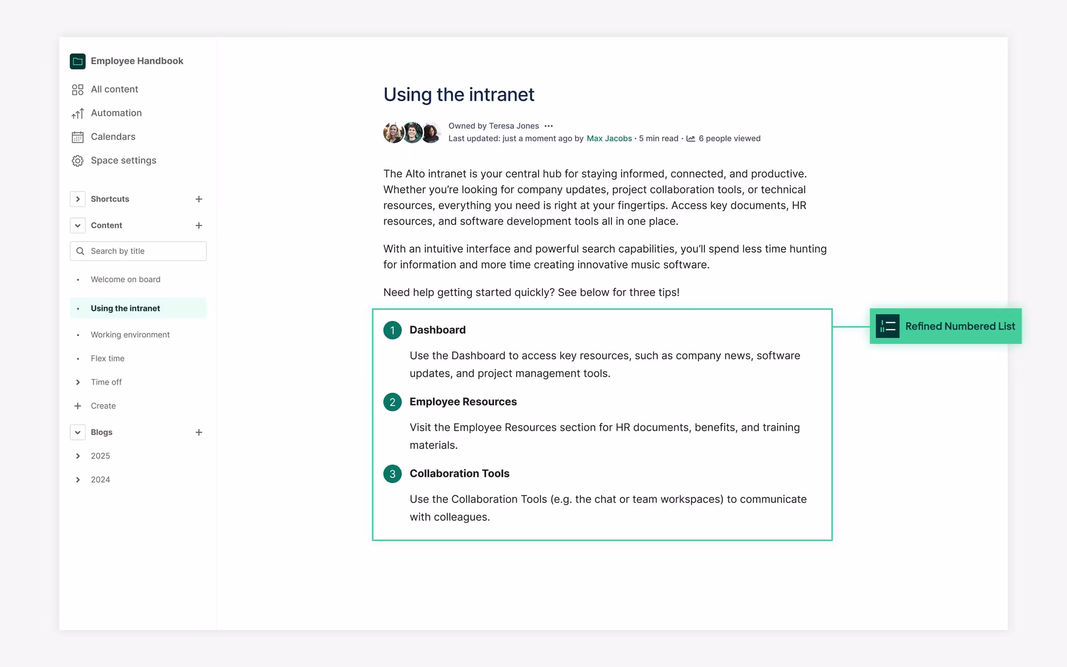 A Confluence page with the Refined numbered list macro added.