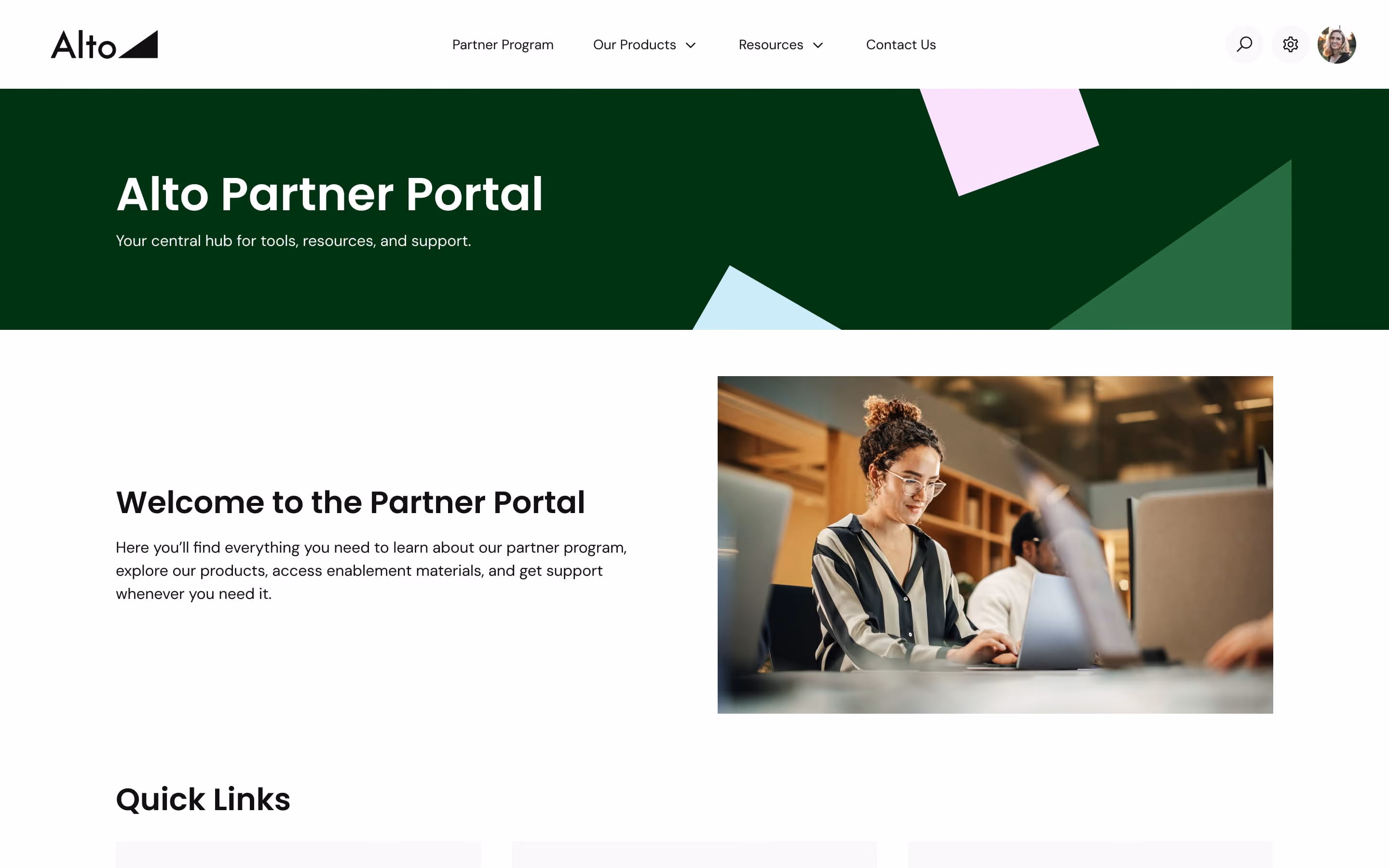 Alto partner portal with hero banner, section, intro section with text and image, and quick links section.