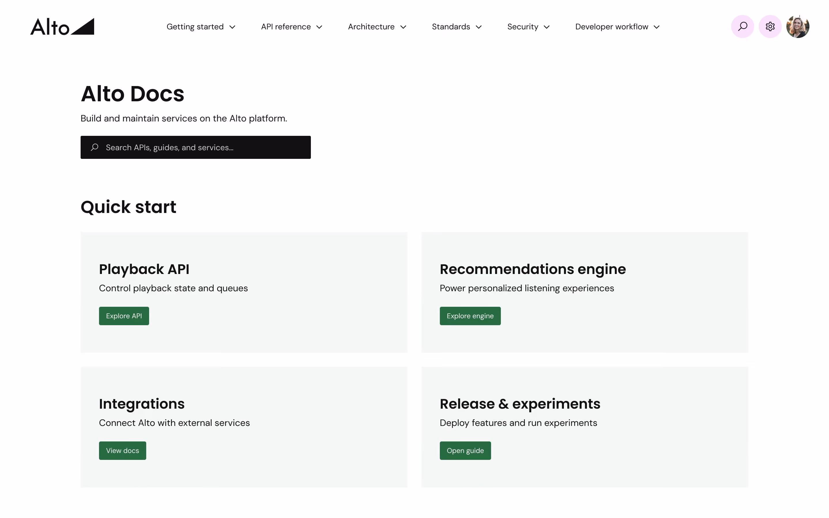 Alto docs webpage showing quick start options: Playback API, Recommendations engine, Integrations, Release & experiments.