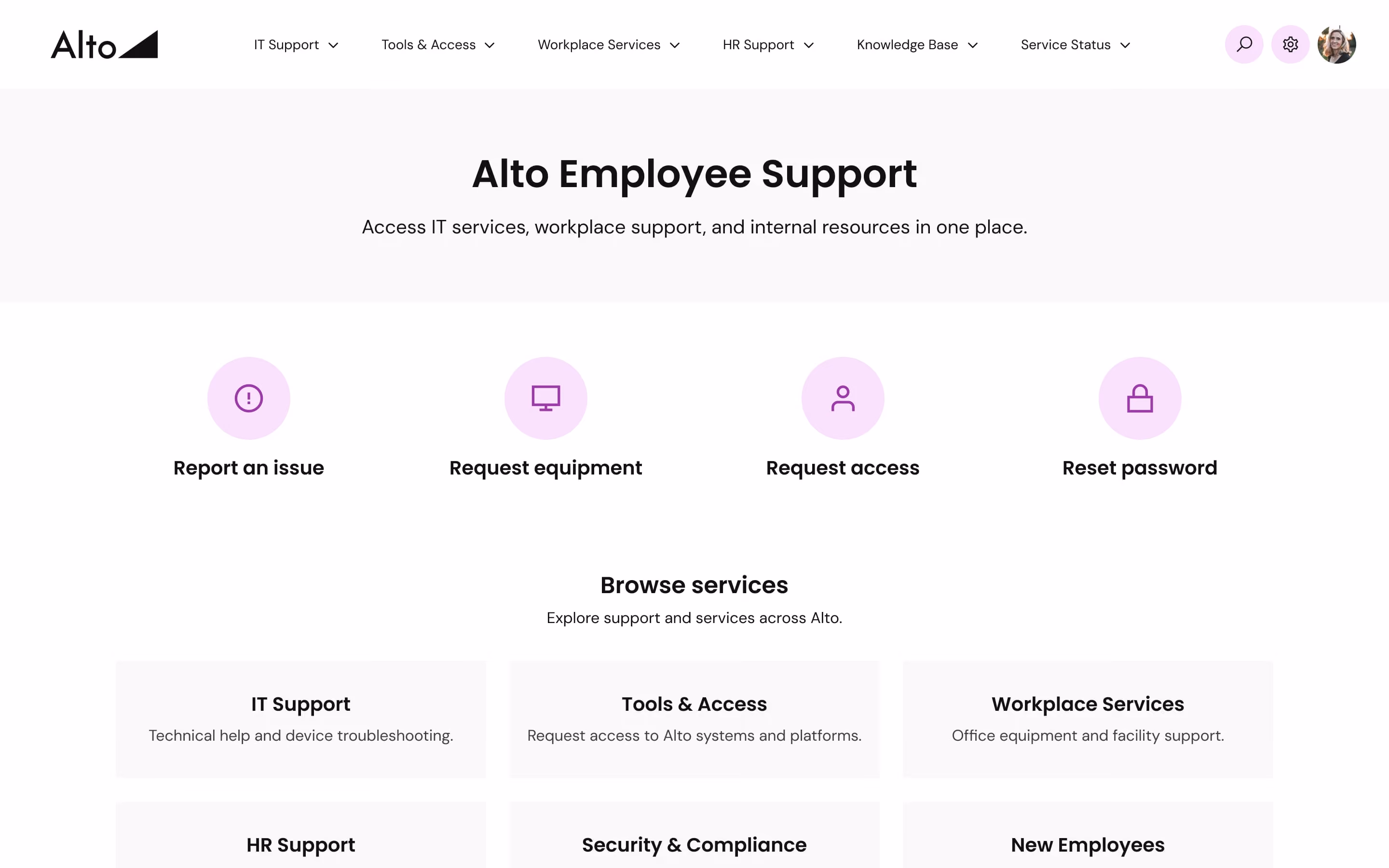 Alto employee support page with options to report issues, request equipment, access, reset password, and browse services.