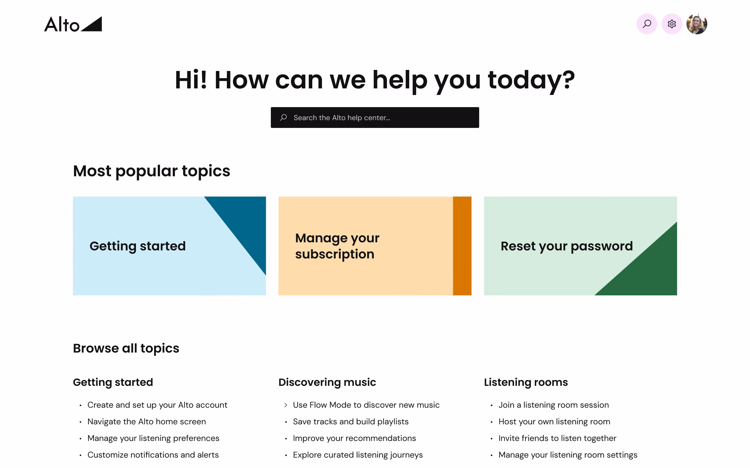 Alto knowledge base homepage with search bar and popular topics: Getting started, Manage subscription, Reset password.