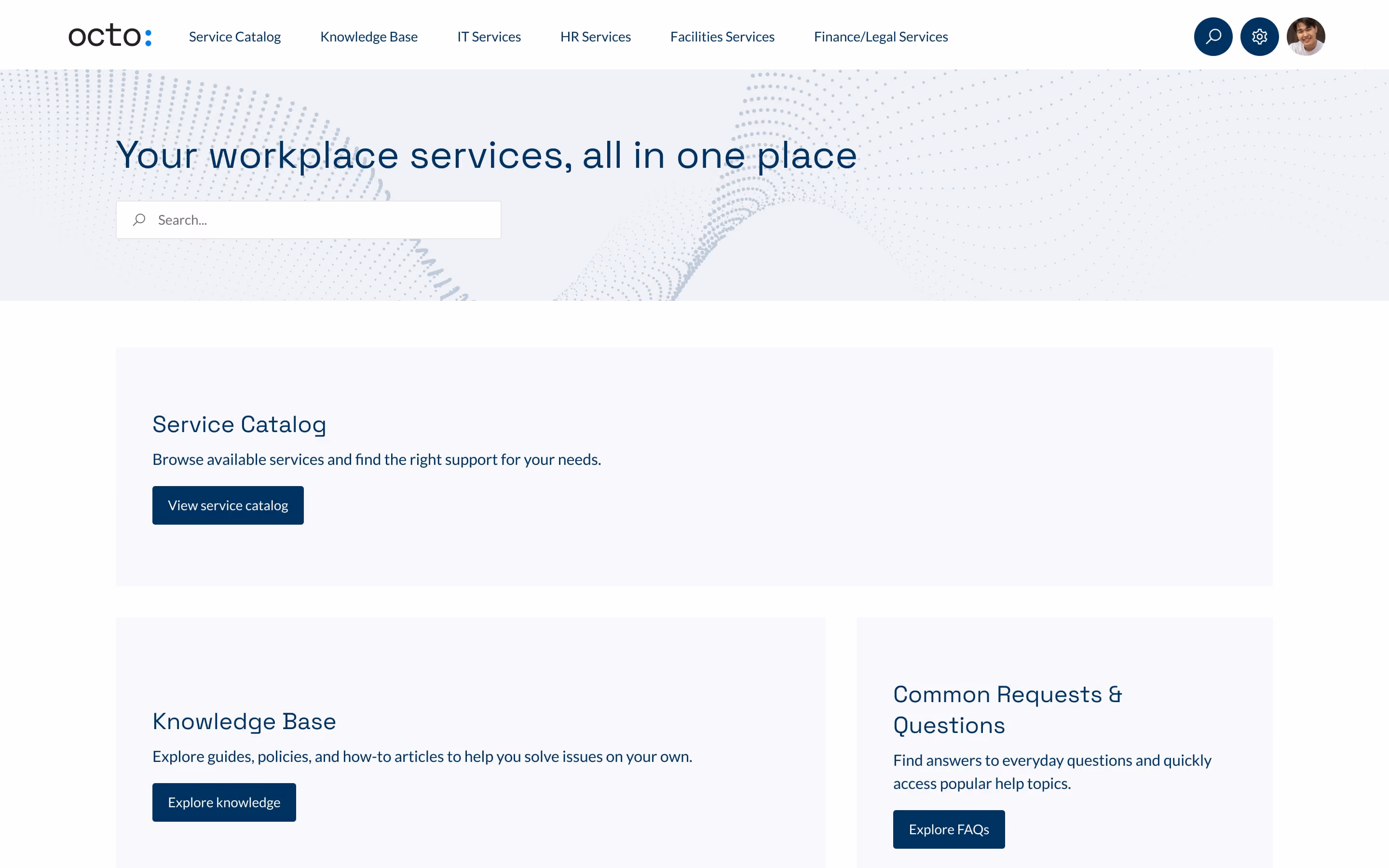 Octo ESM page with sections for service catalog, knowledge base, and common questions.