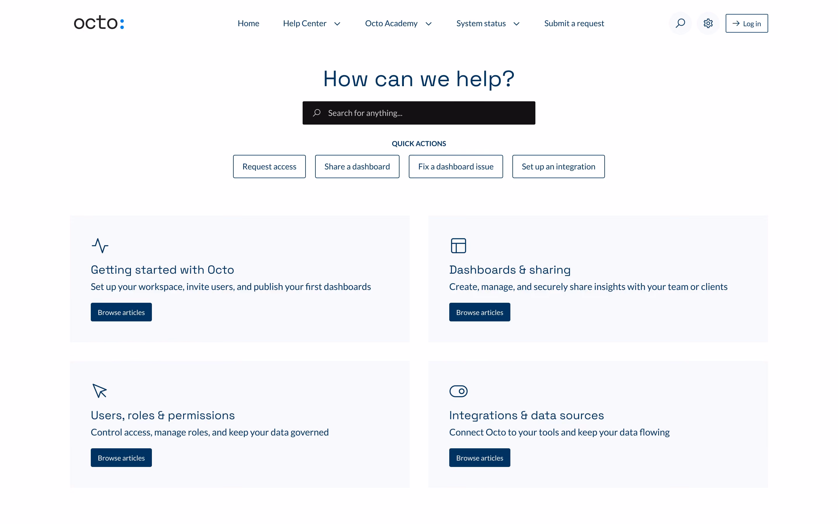 Octo support page with search bar and quick action buttons for dashboard and integration help.