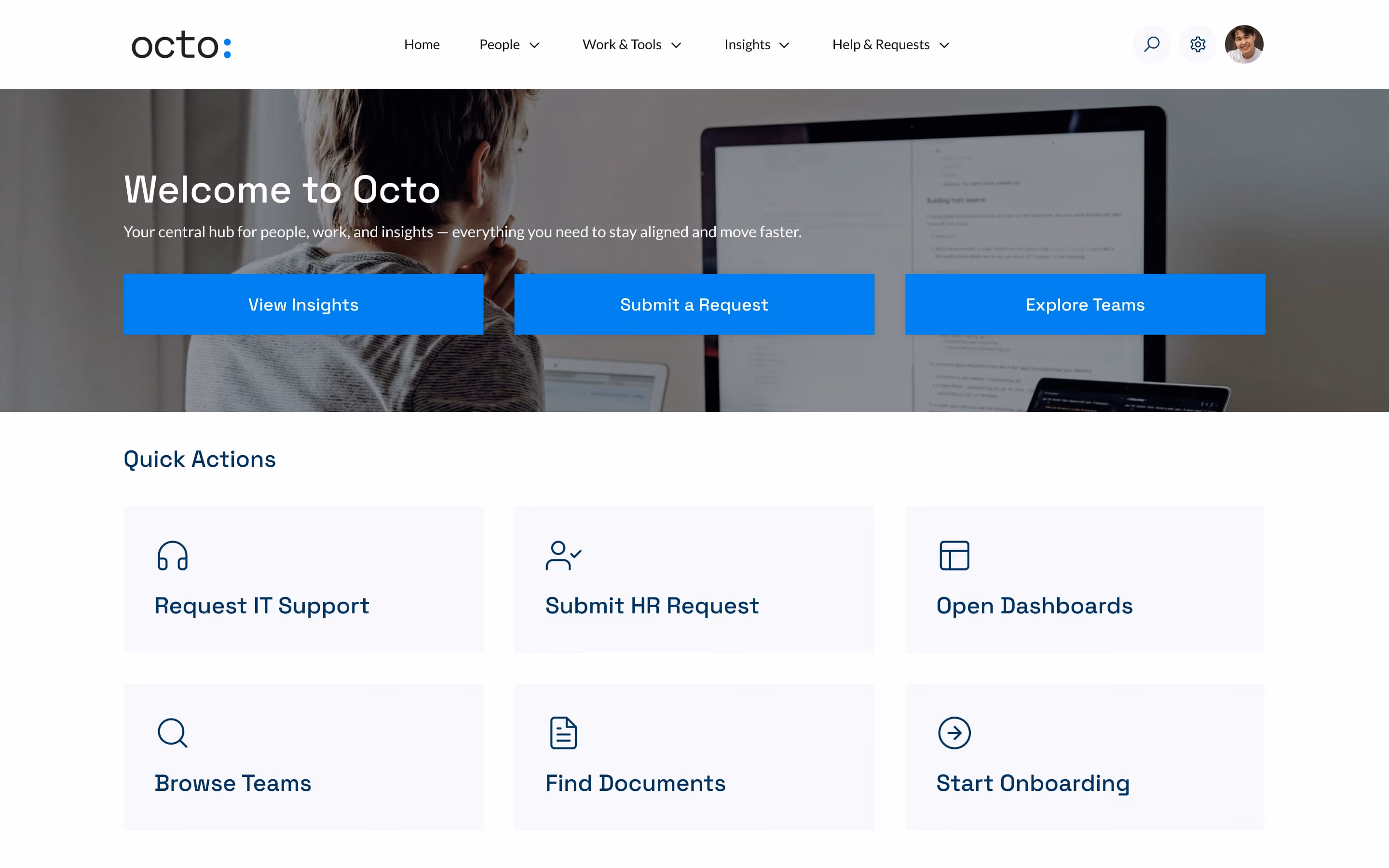 Dashboard homepage of Octo intranet with options to view insights, submit requests, explore teams, and quick actions.