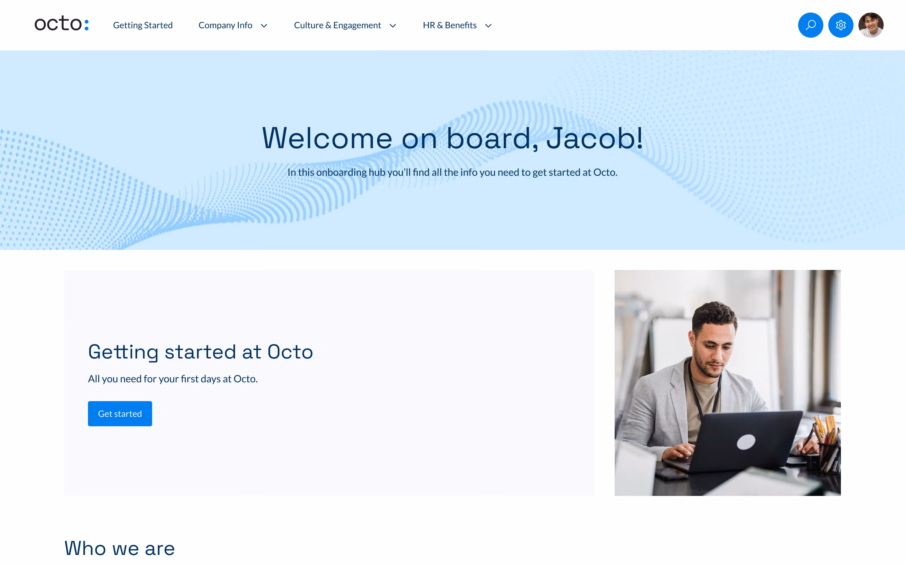 Octo onboarding hub with hero banner, intro text and CTA.