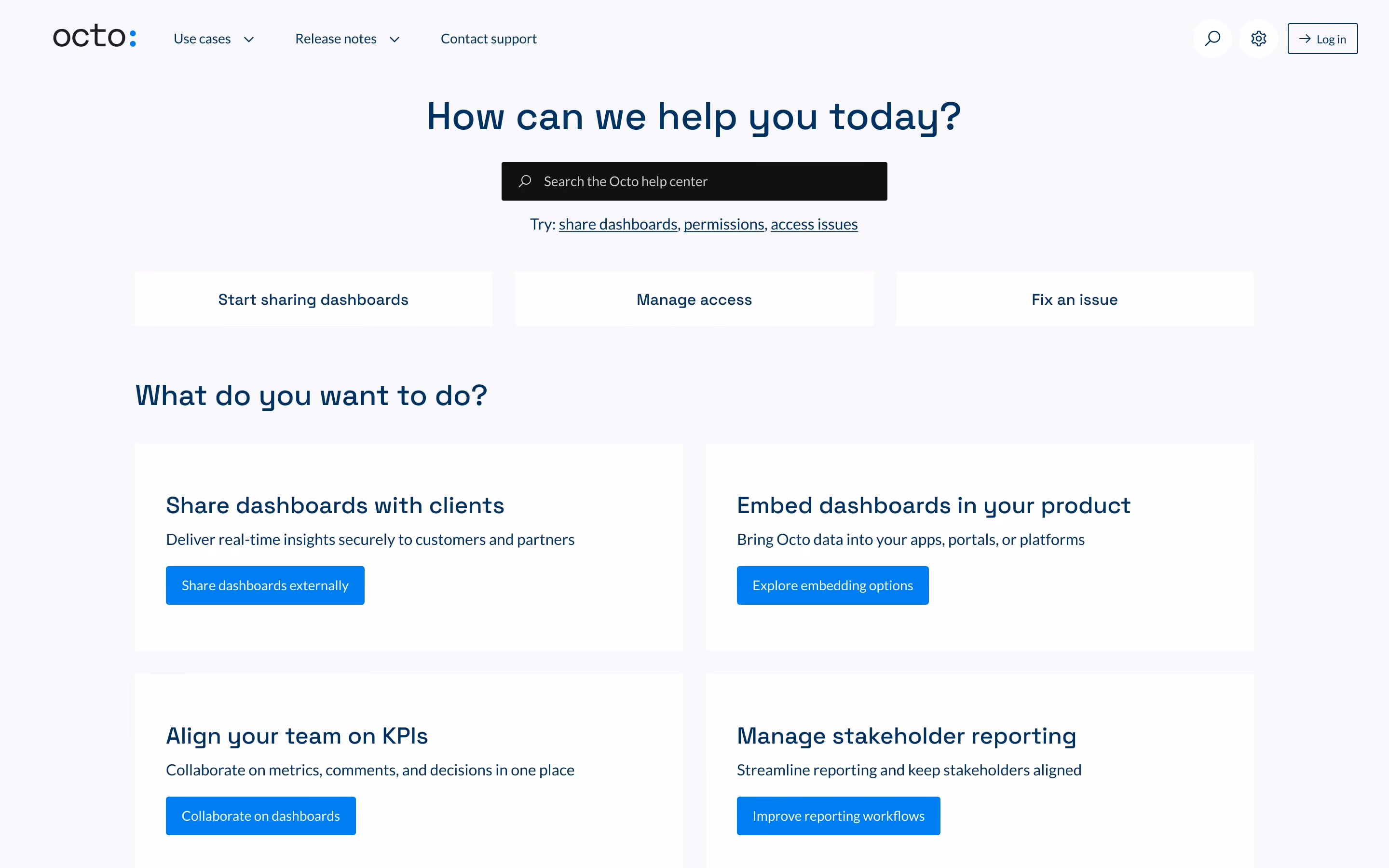 Octo help center page with search bar and options for sharing dashboards, managing access, and fixing issues.