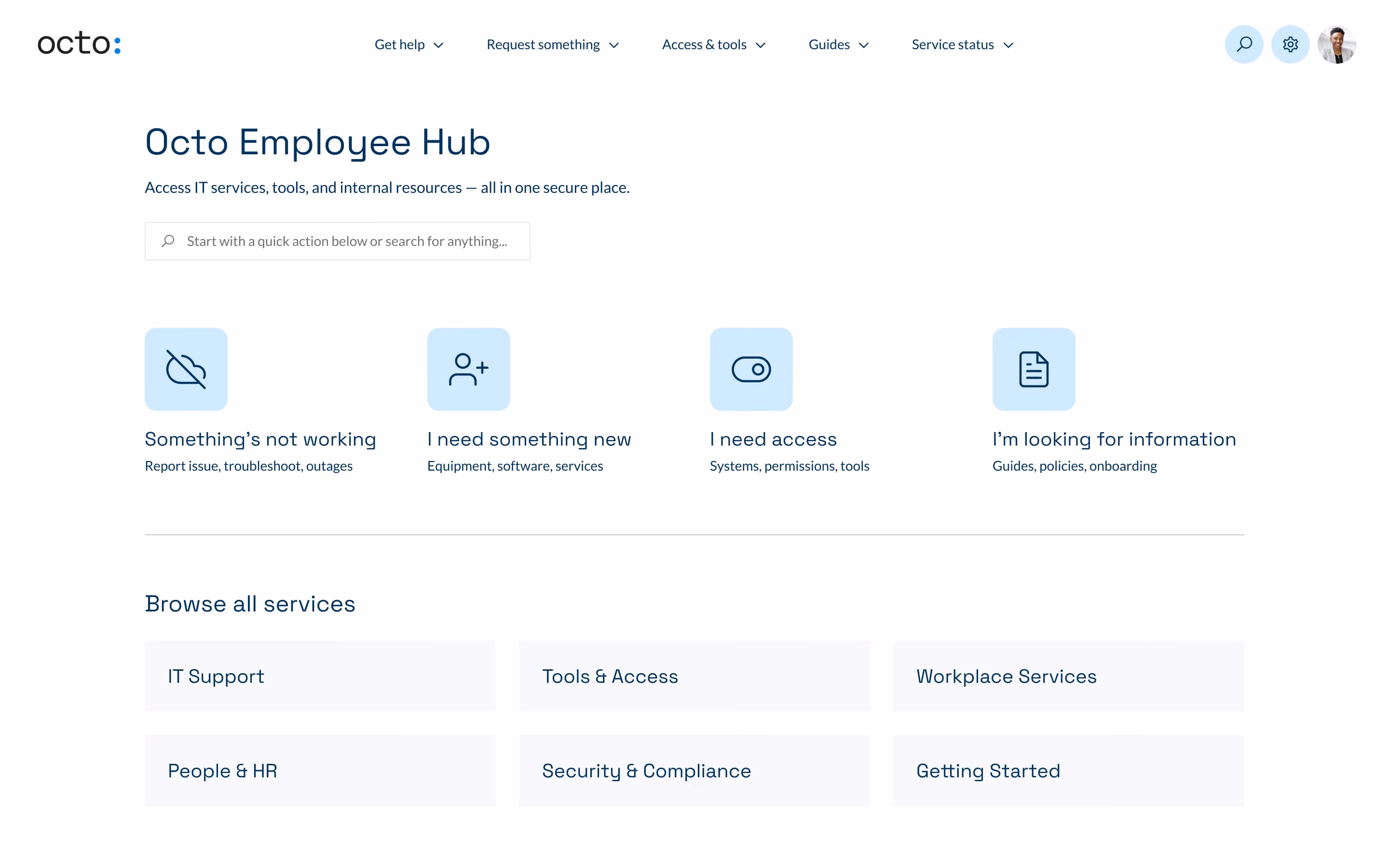 Octo employee hub webpage showing IT services, quick actions, and service categories for employees.