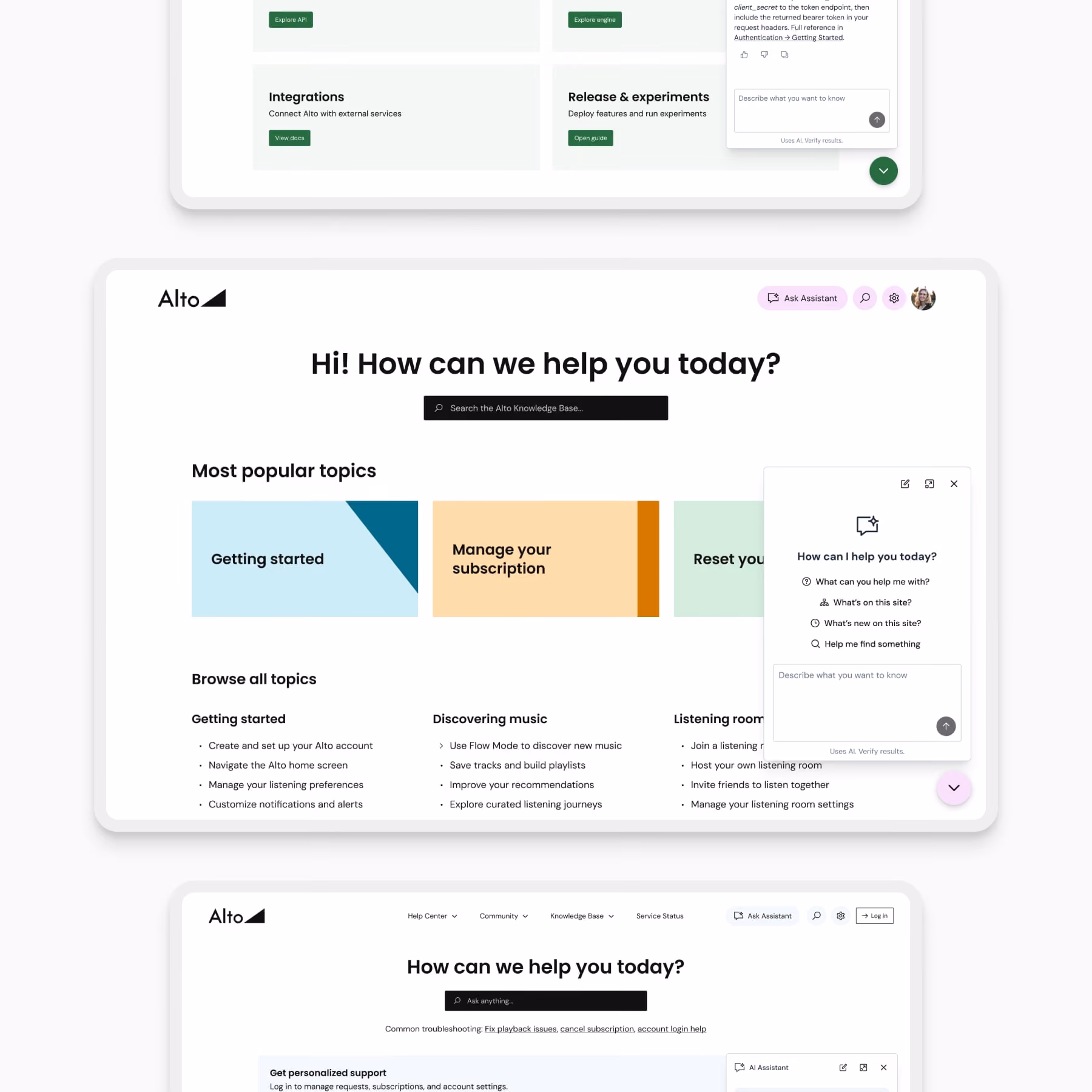 Screenshots of Alto knowledge base with AI assistant, documentation site, and help center with search with navigation menus.