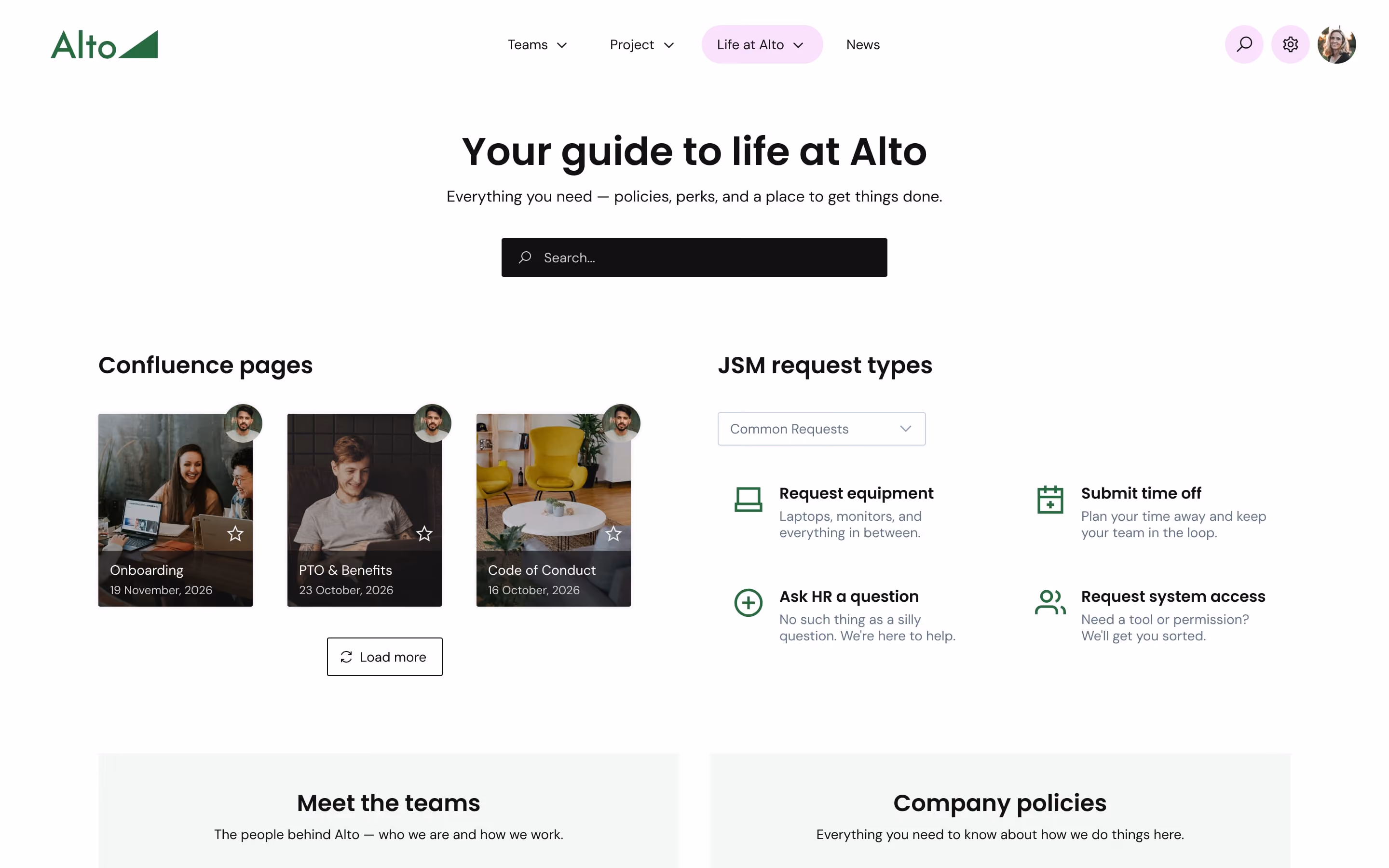 Alto guide page with sections for Confluence pages, JSM request types, team info, and company policies.