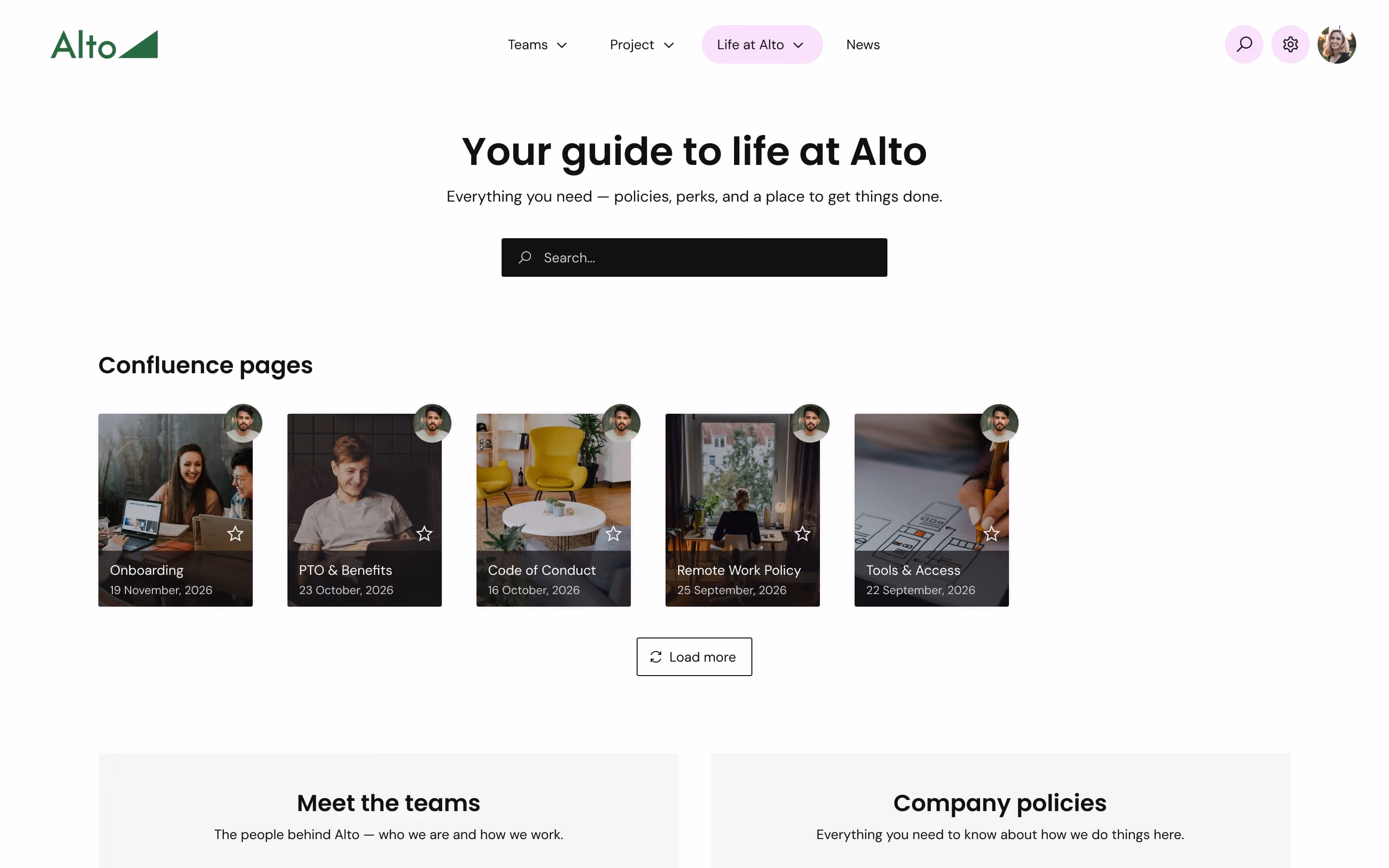 Alto's Life at Alto webpage with guide, search bar, confluence pages, and links to teams and policies.