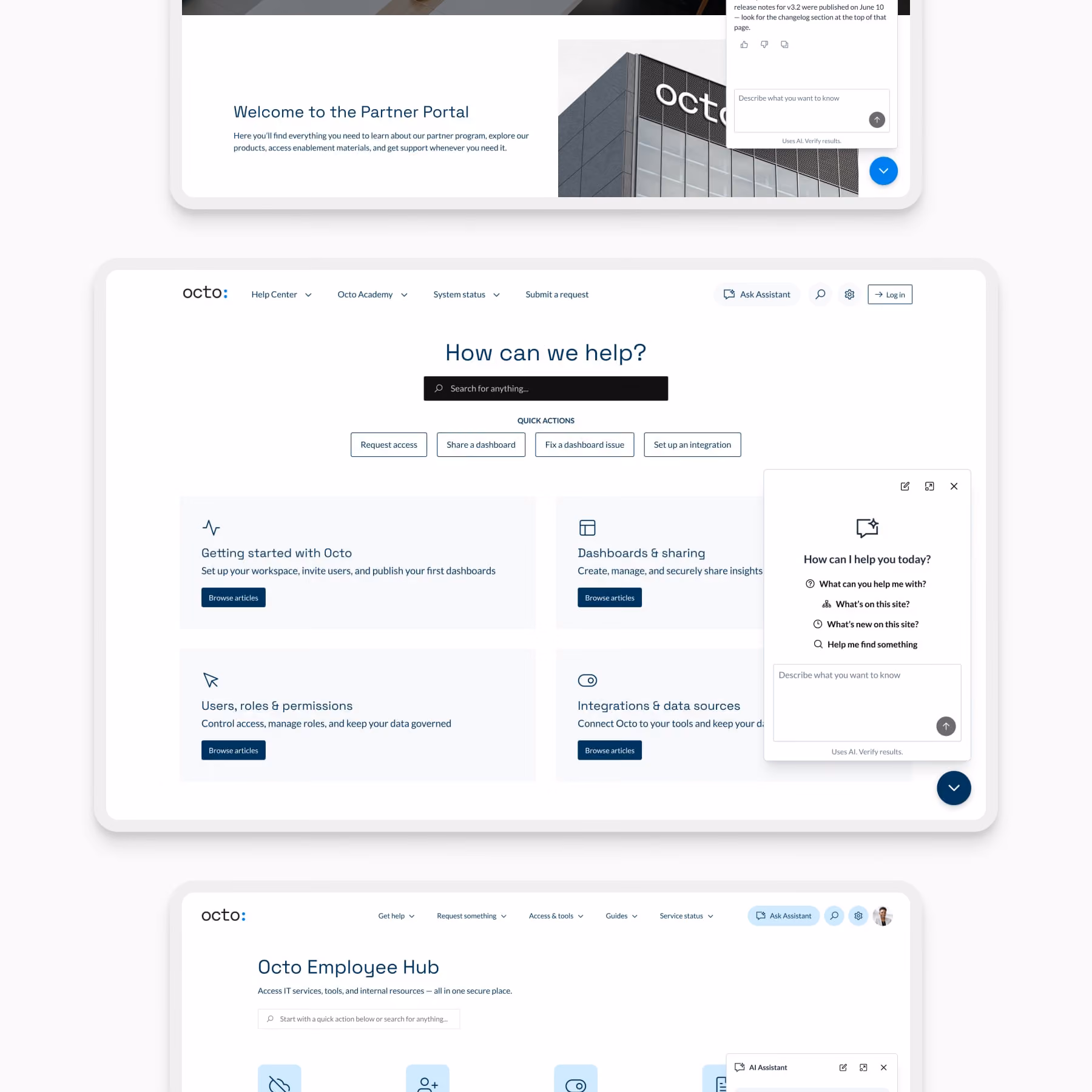 Screenshots of Octo partner portal, help center page with search, and employee hub interface with navigation menus.