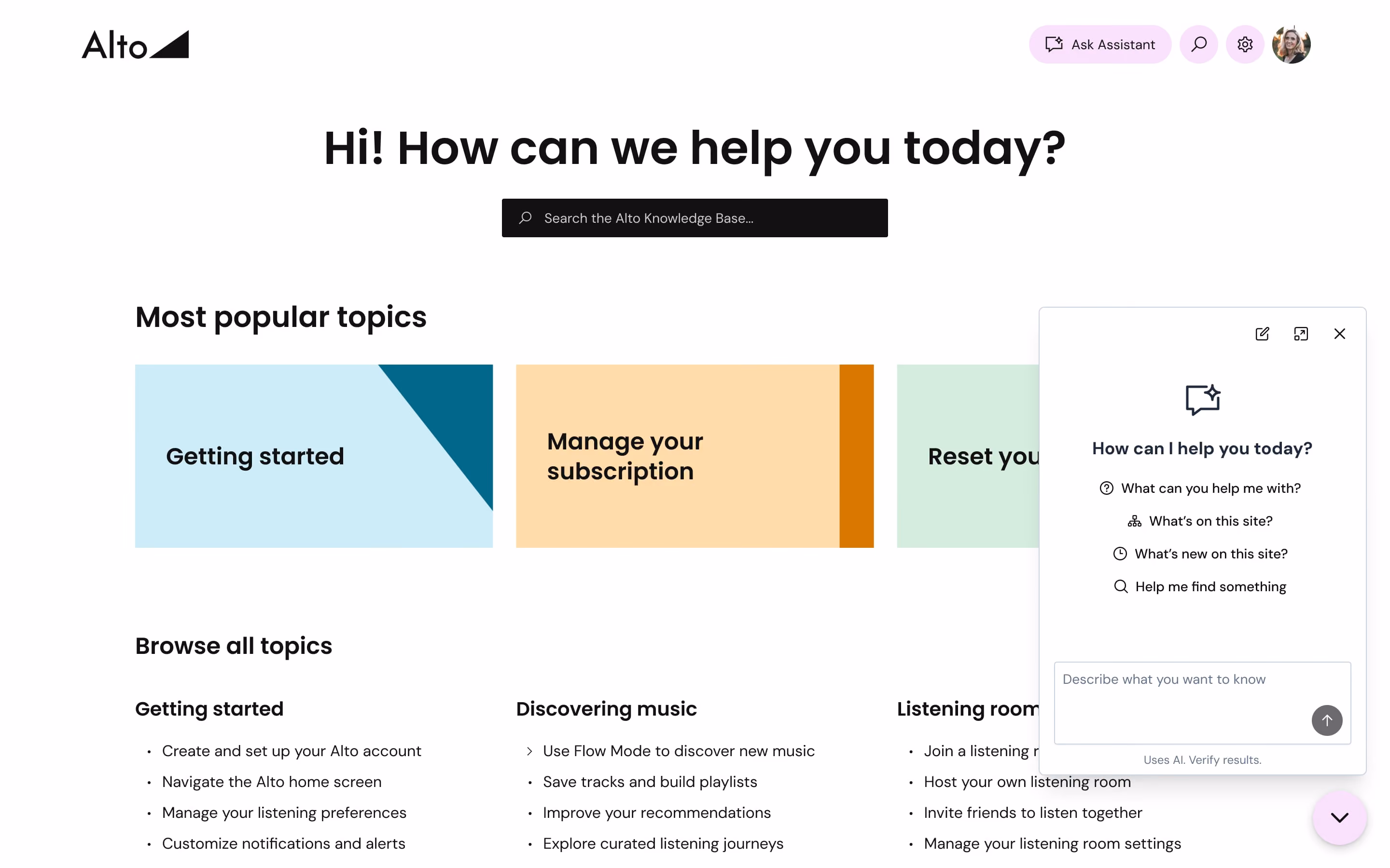 Alto Knowledge Base page with popular topics and AI assistant chat box on the right side.