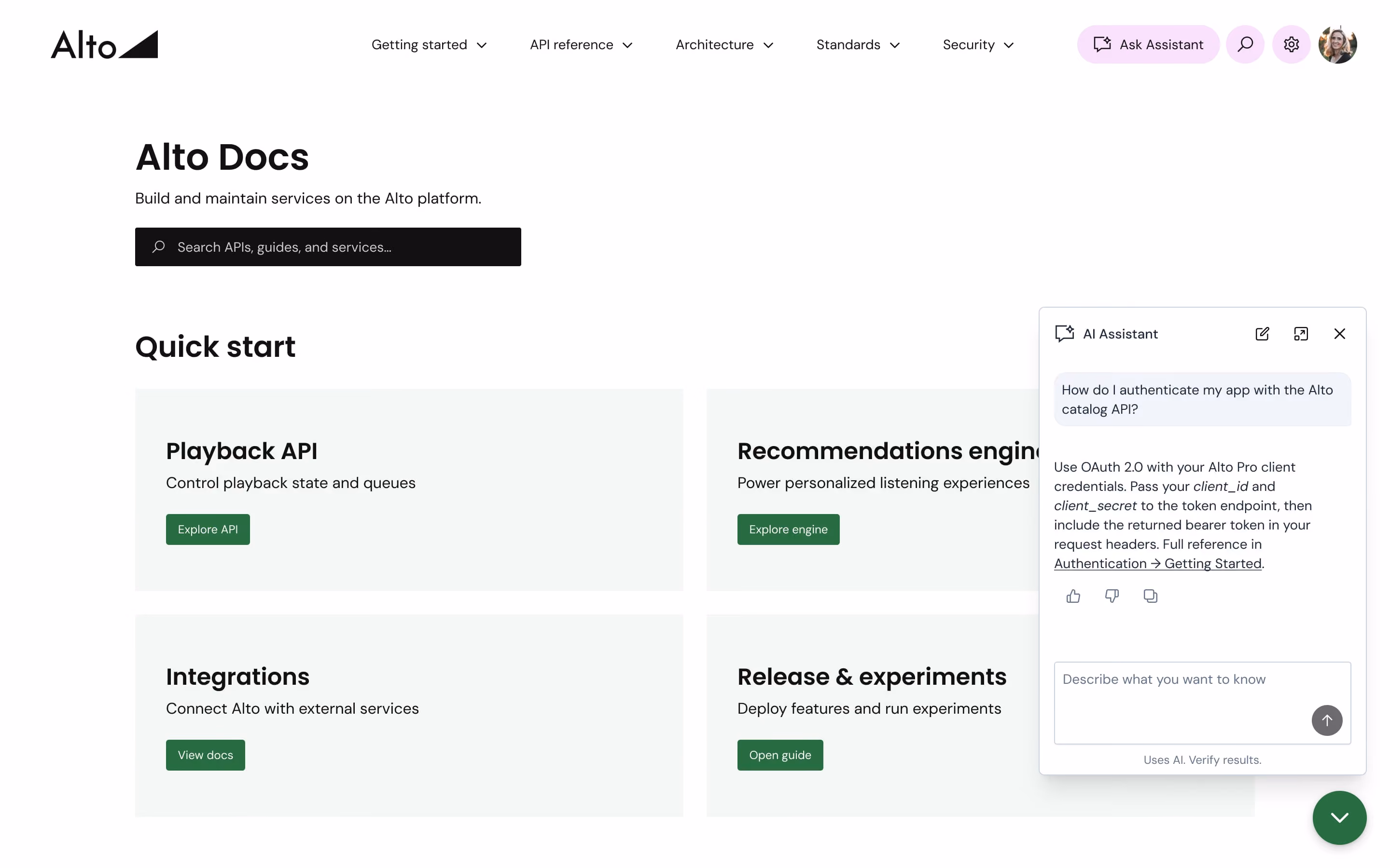 Alto Docs webpage with API documentation and AI Assistant chat answering a query on authentication.
