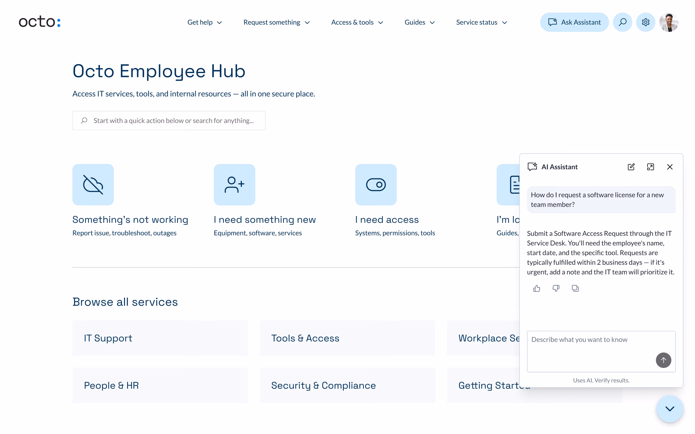 Octo employee hub webpage with IT services, quick actions, and an AI Assistant answering a software license request.