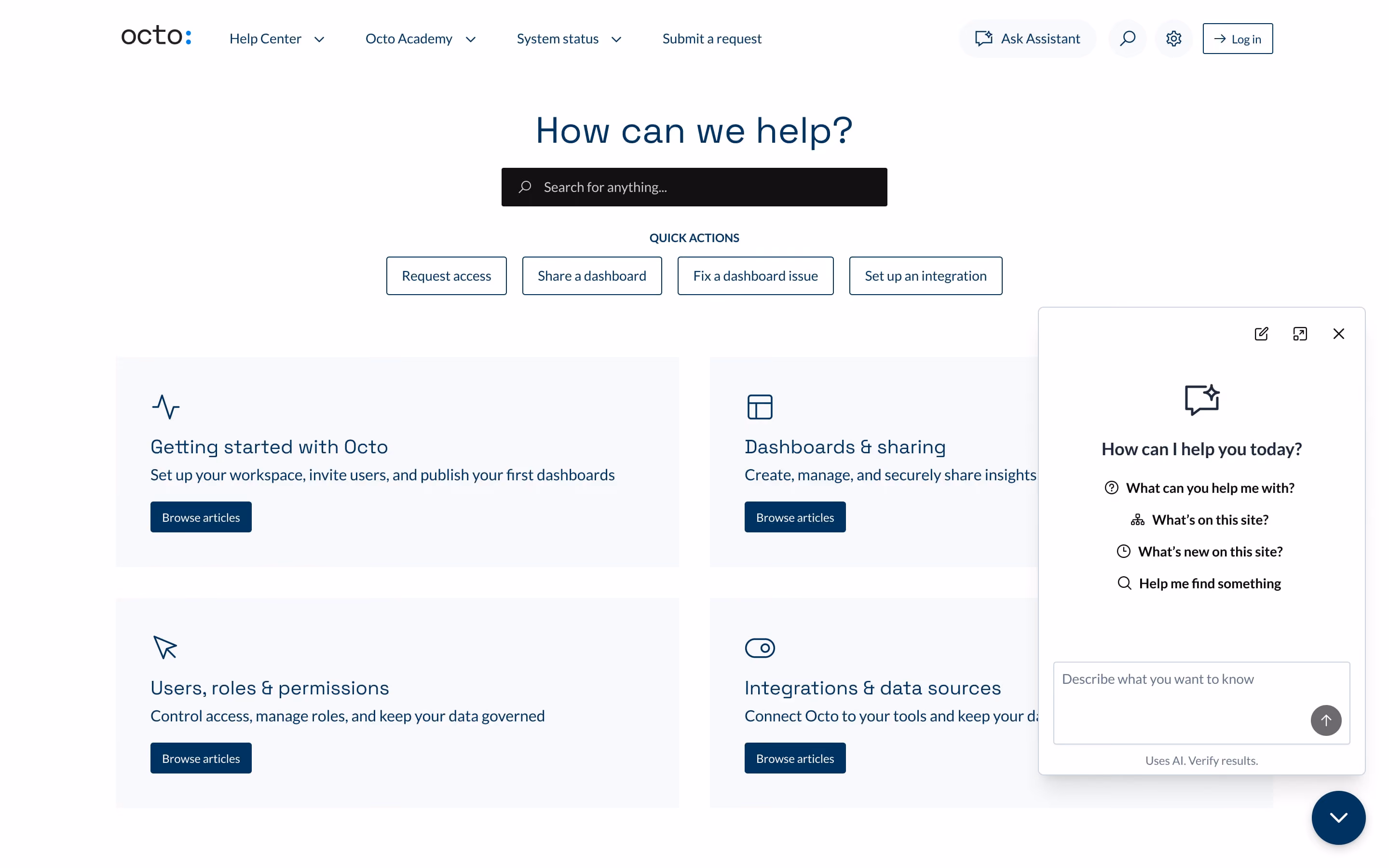 Octo help center page with search bar, quick actions, support topics, and AI assistant chat window.