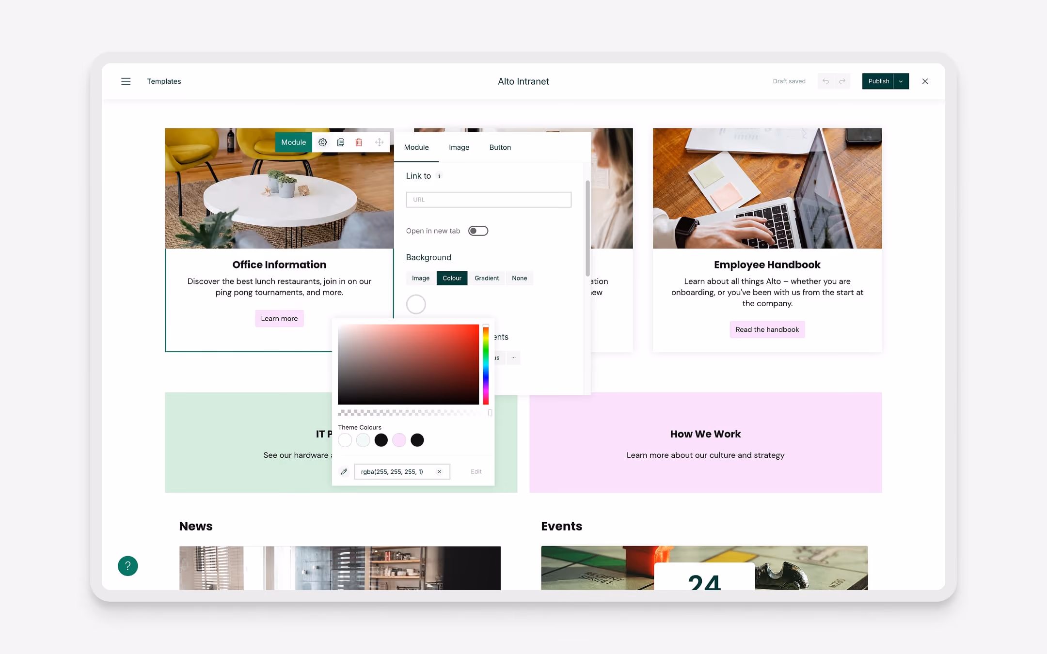 Intranet page editor showing modules for office info, employee handbook, color picker, and text sections.