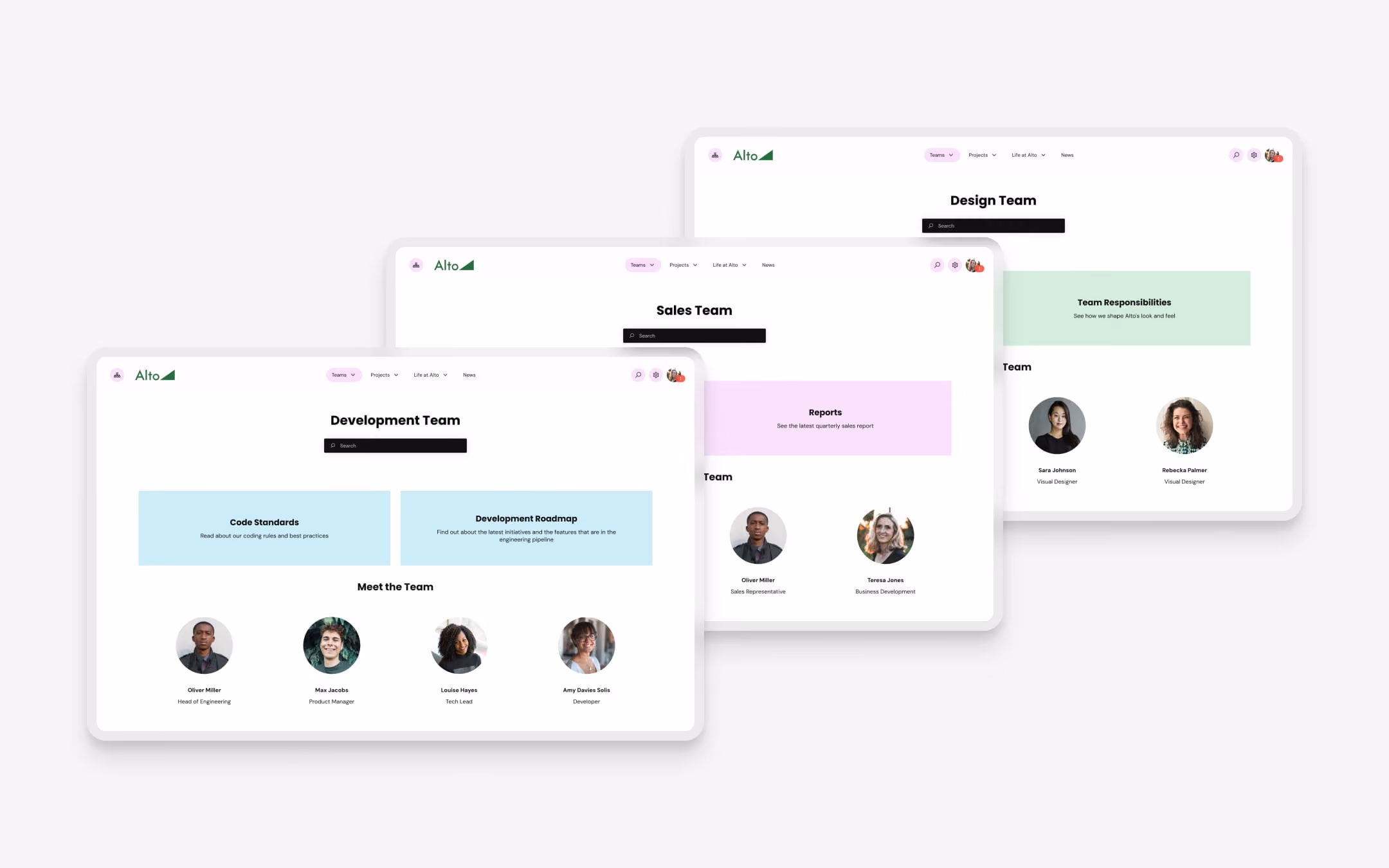 Three web pages showing Development, Sales, and Design teams with member photos and roles.