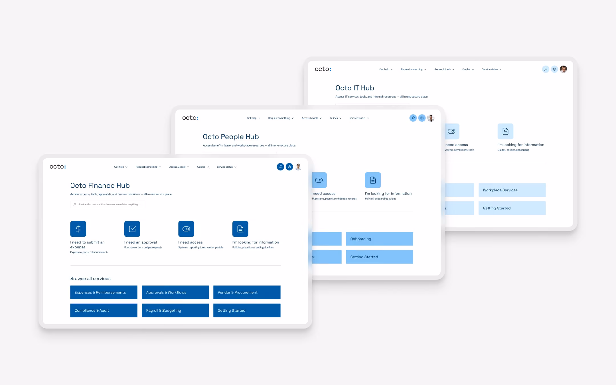 Screenshots of Octo Finance Hub, People Hub, and IT Hub with options to access resources and services.