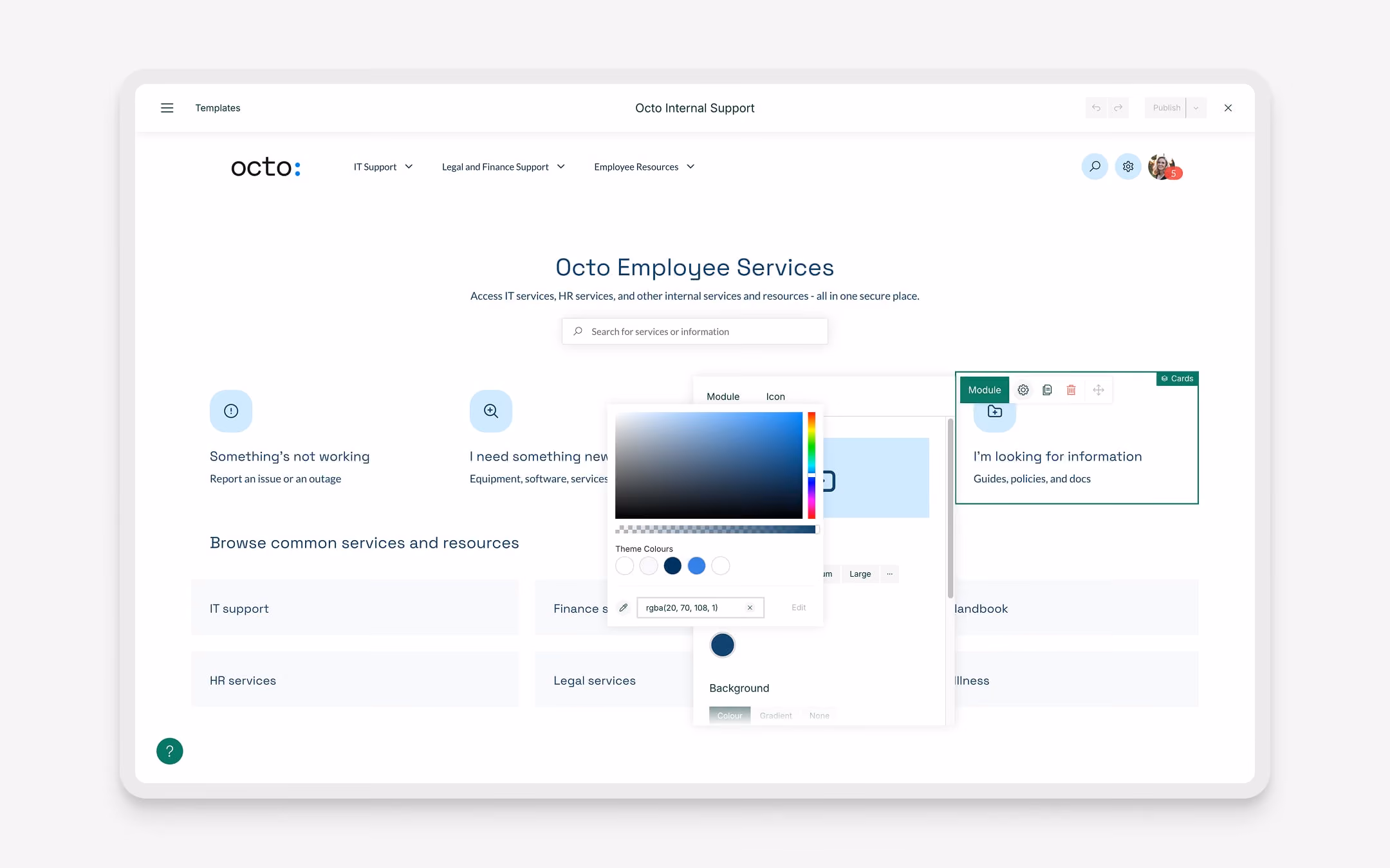 Octo Employee Services webpage showing IT support, finance, HR, legal services, with a color picker popup.
