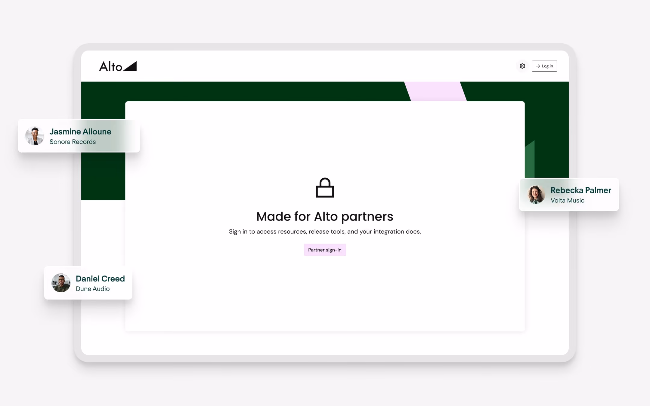 Webpage login screen for Alto partners with user icons and a partner sign-in button.