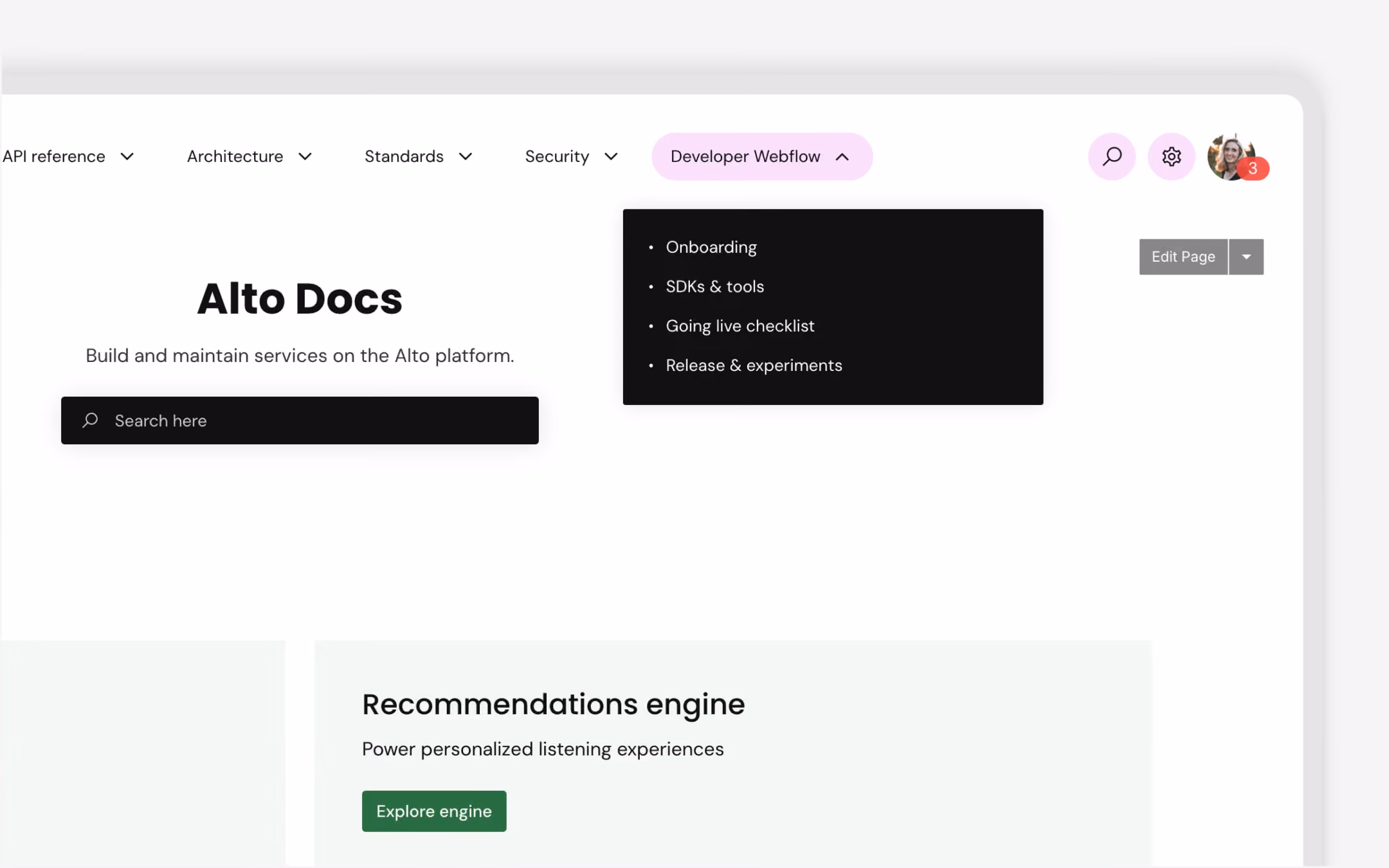Webpage with Alto docs title, search bar, navigation menu, and a recommendations engine section button.