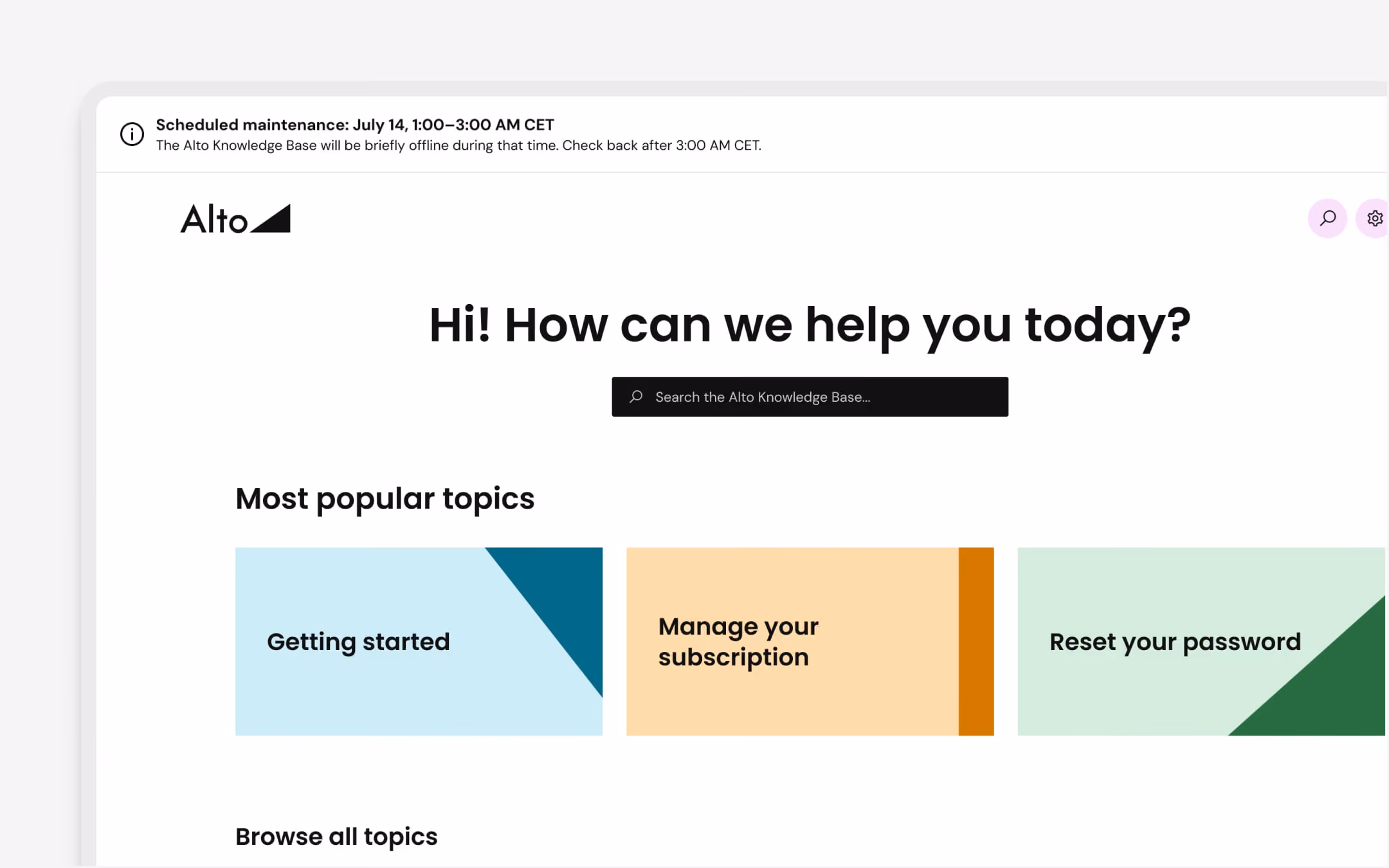 Alto knowledge base page with an announcement banner.