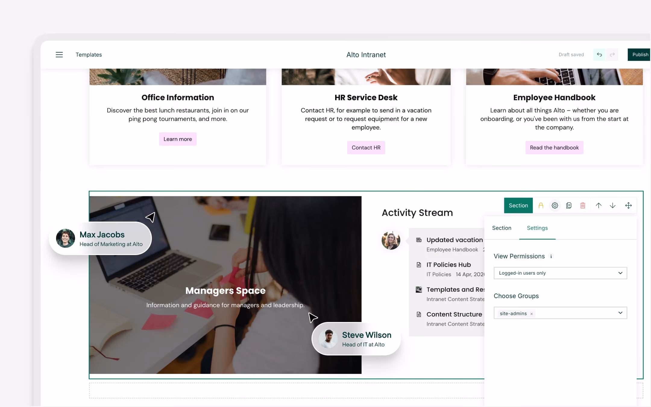 Intranet page showing the view permissions feature used in a homepage section.