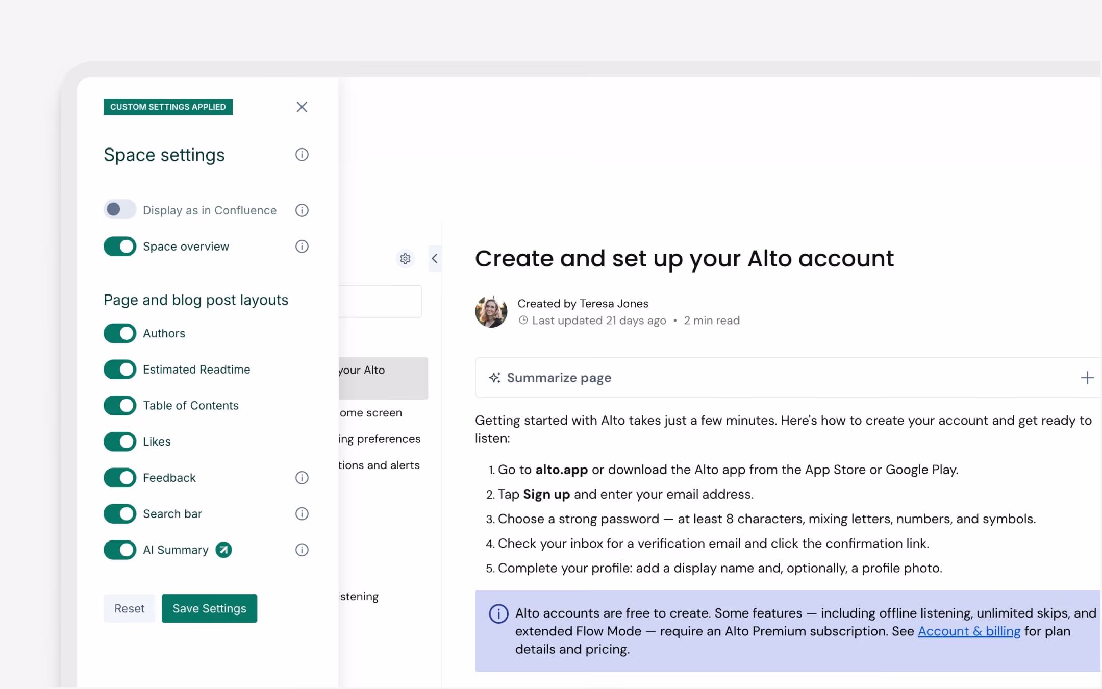Panel with options showing the space settings of a Refined Confluence page.