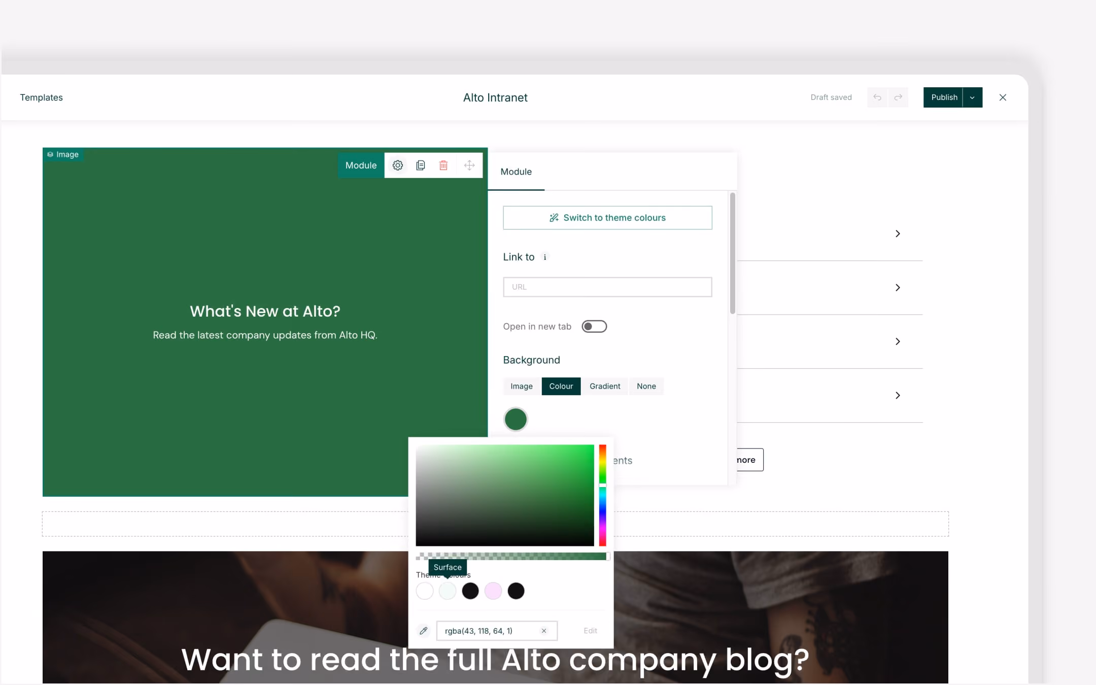 User interface showing Alto Intranet module with green background and color selection option.