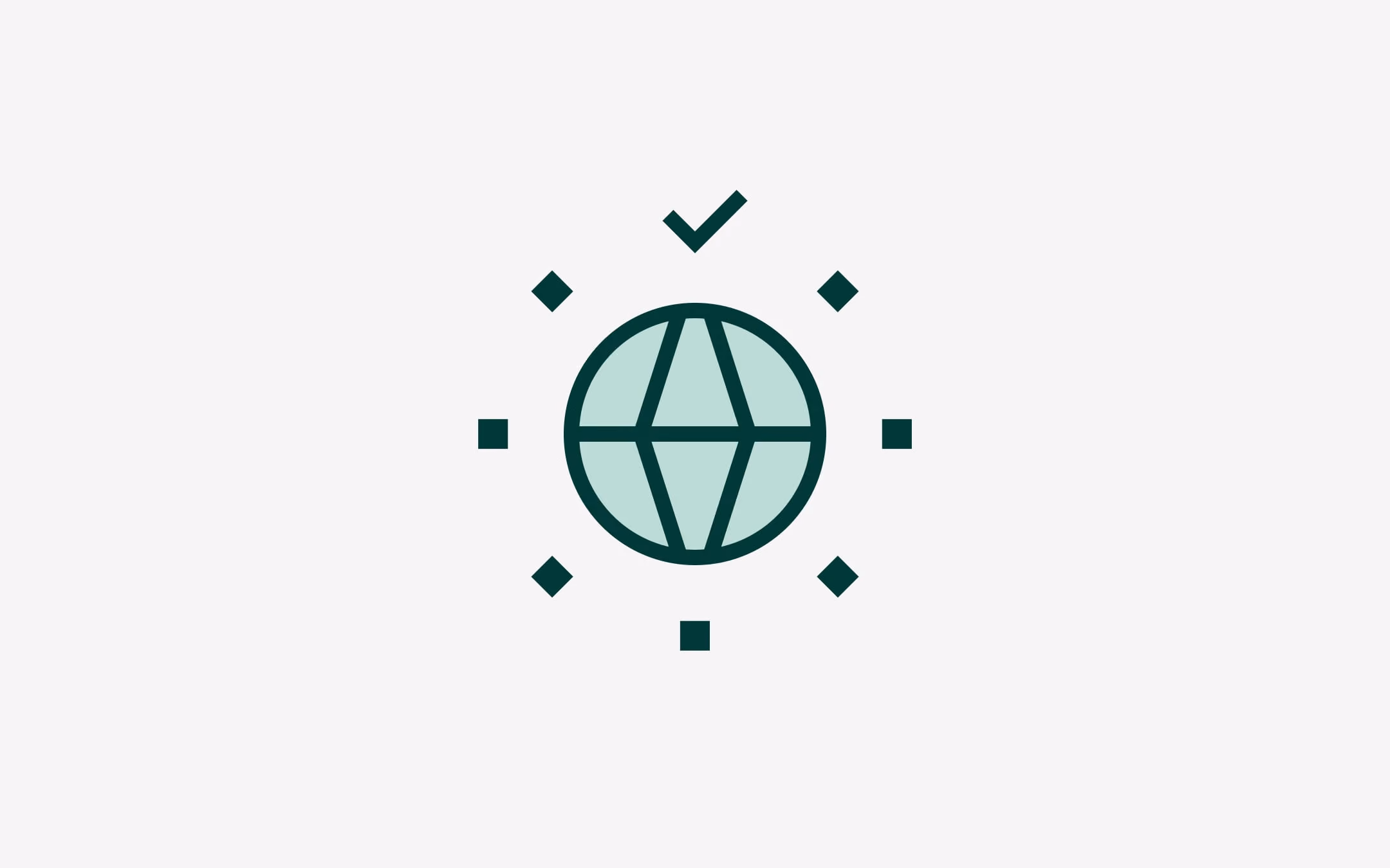 Stylized globe surrounded by nine black shapes resembling check marks and squares on a light grey background.