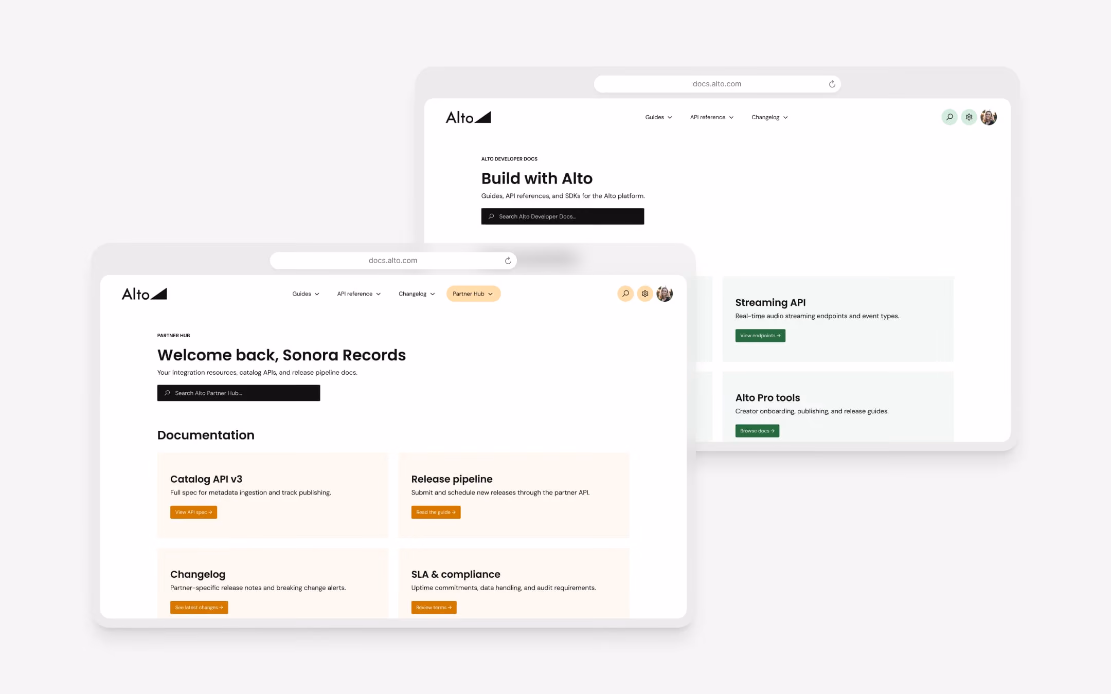 Two overlapping web pages from Alto showing developer docs and partner hub with API and streaming info.