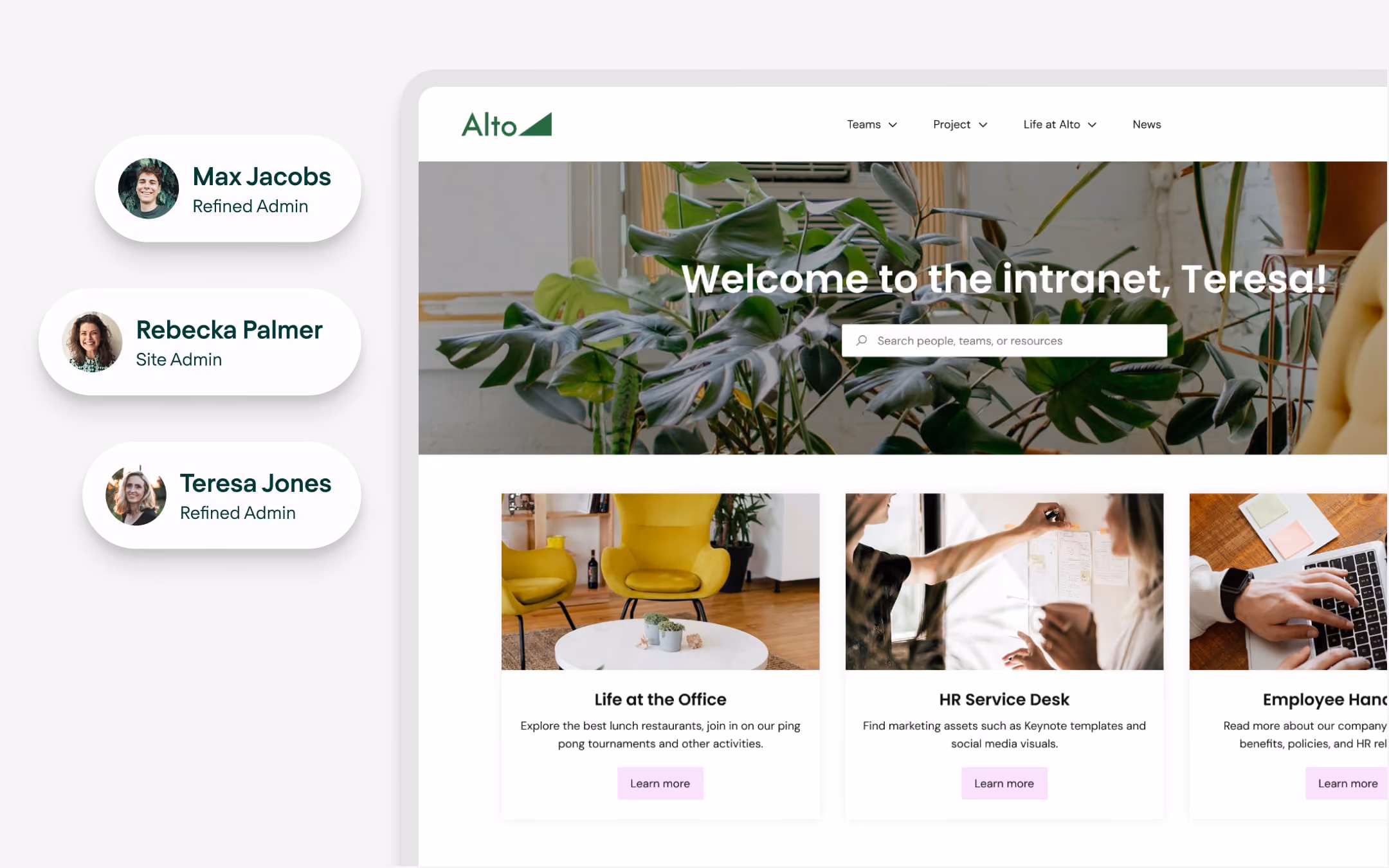 Alto intranet homepage with the site and Refined admins feature displayed.