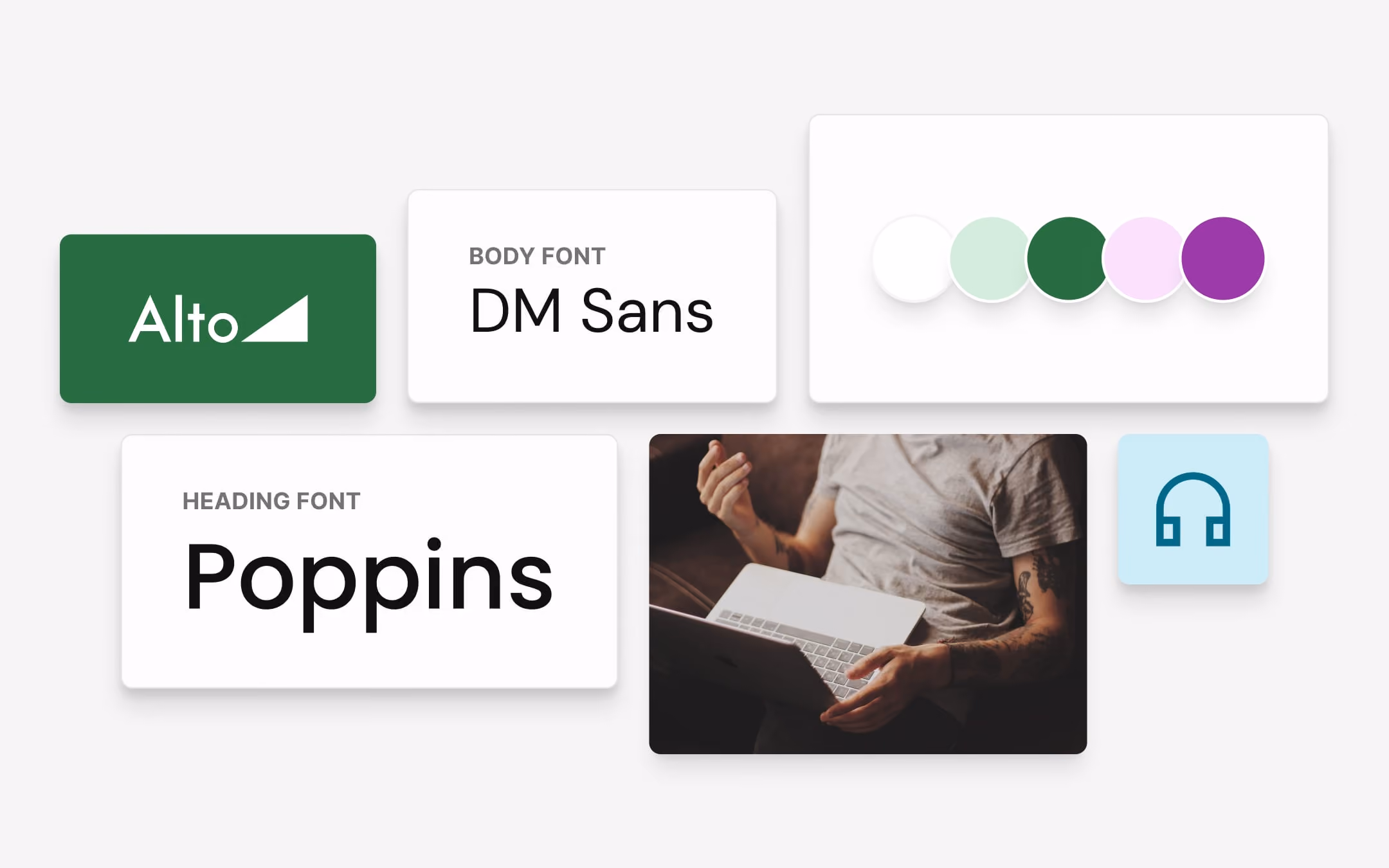 Graphic showing Alto logo, fonts DM Sans and Poppins, color palette, headset icon, and person with laptop.