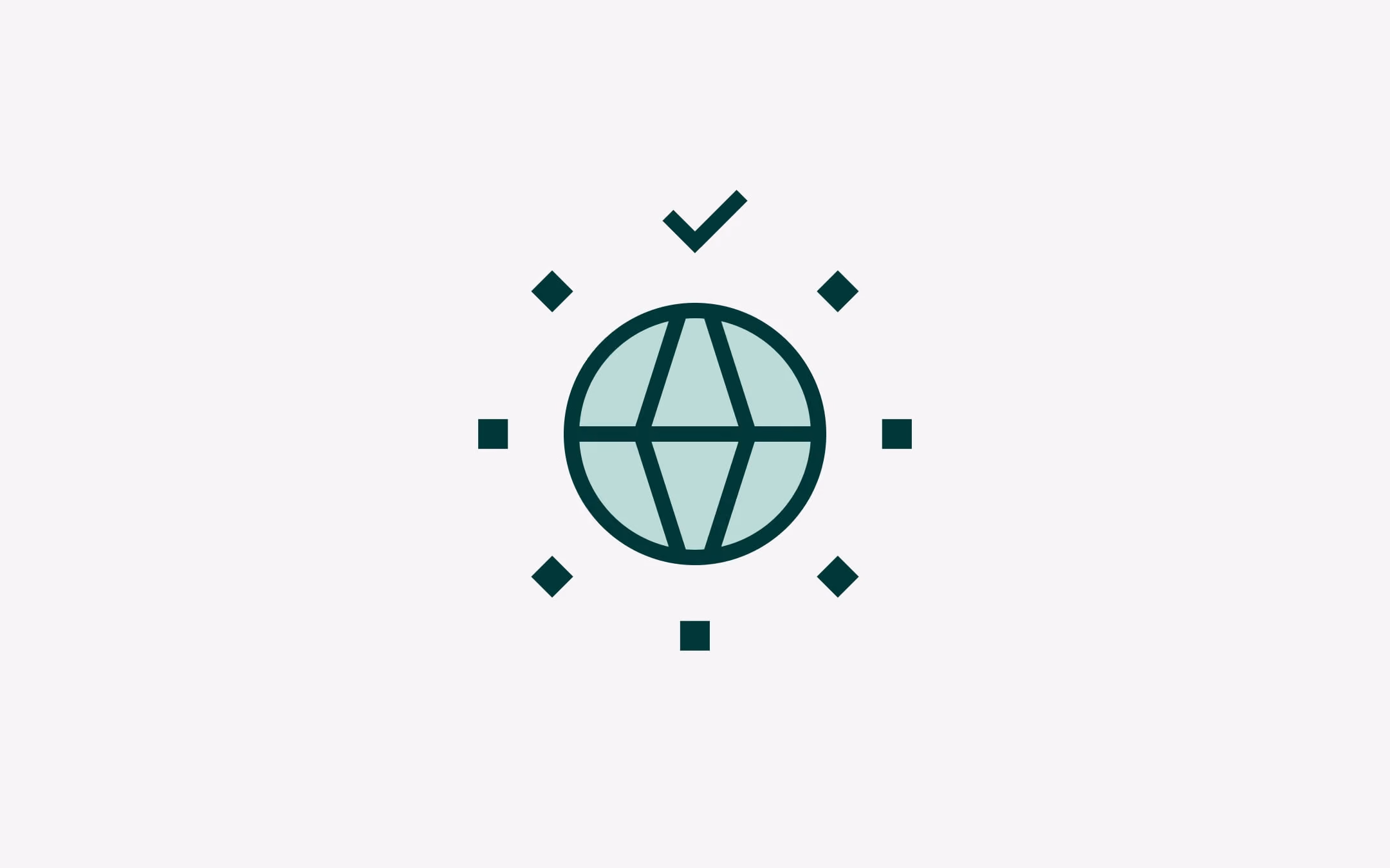 Stylized globe surrounded by nine black shapes resembling check marks and squares on a light grey background.