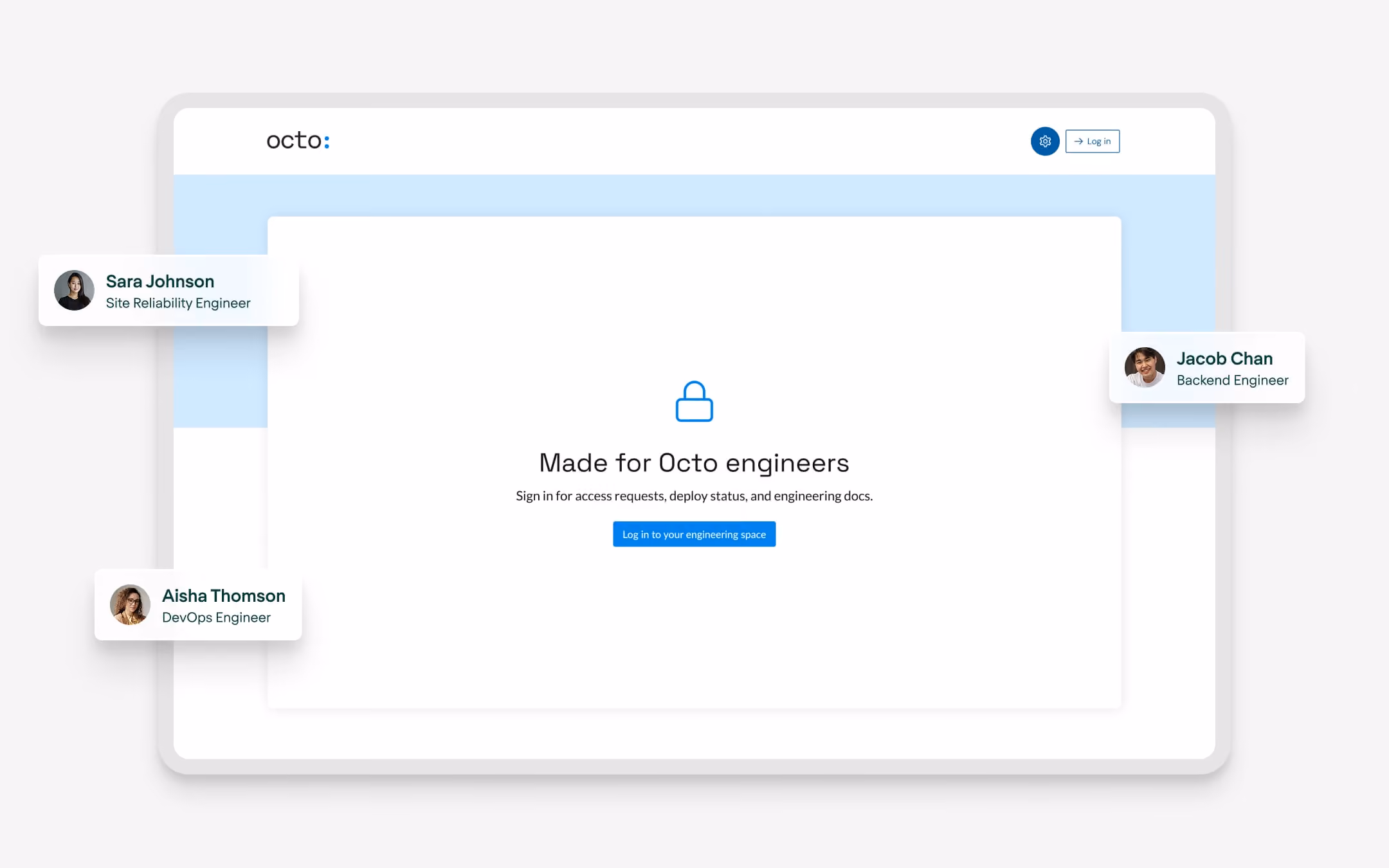 Screen showing sign-in page for Octo engineers with profiles of three engineers around it.