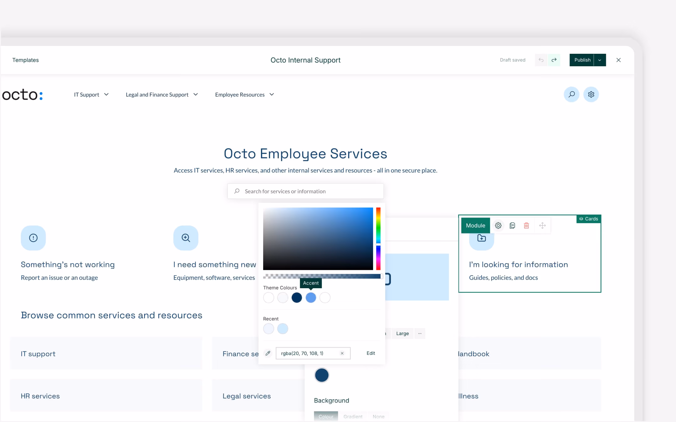 Webpage for Octo employee services with search bar, service categories, and color theme editor overlay.