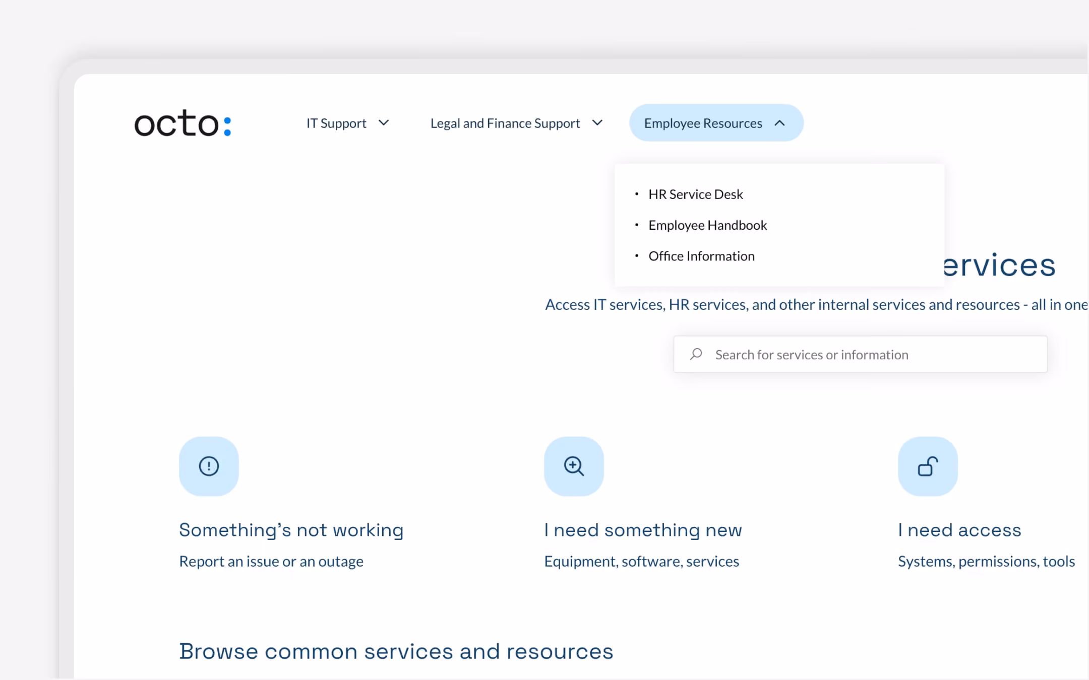 Octo internal portal menu with sections for IT Support, Legal and Finance, Employee Resources dropdown open.
