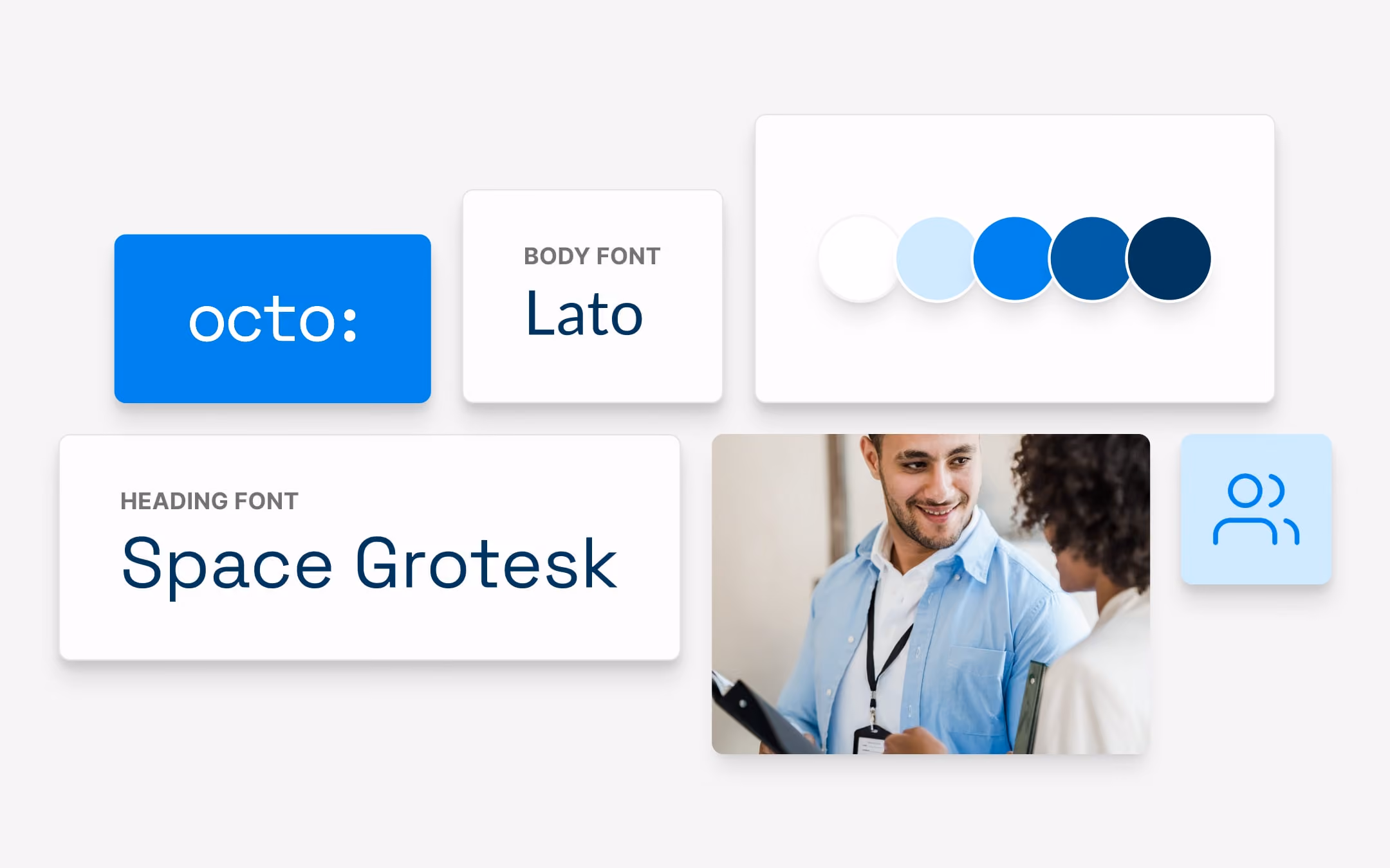 Design elements showing Octo logo, Lato body font, Space Grotesk heading font, blue color palette, and two people talking.