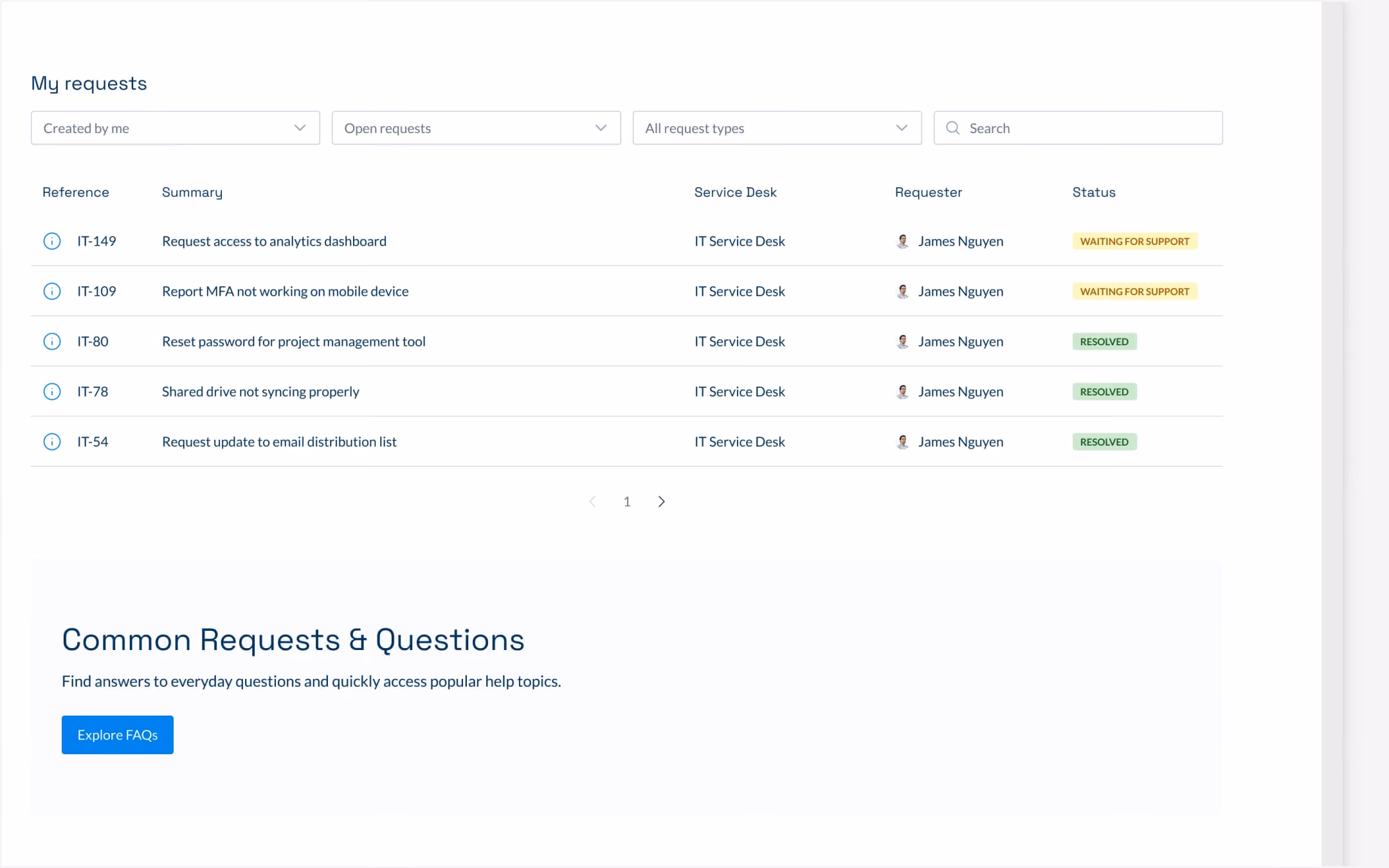 Dashboard table listing IT service requests with status, requester James Nguyen, and a button to explore FAQs.