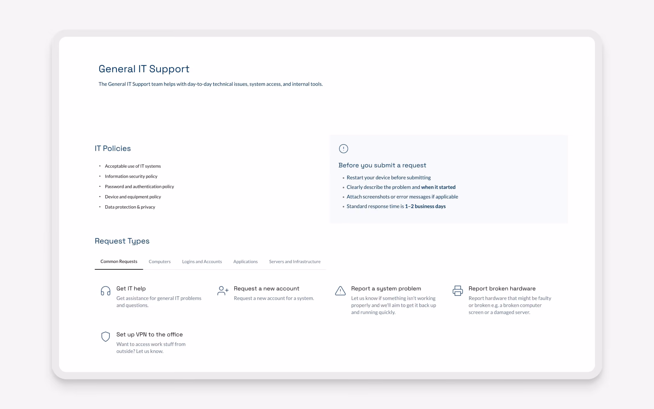 General IT support page listing IT policies, request types, and instructions before submitting a request.