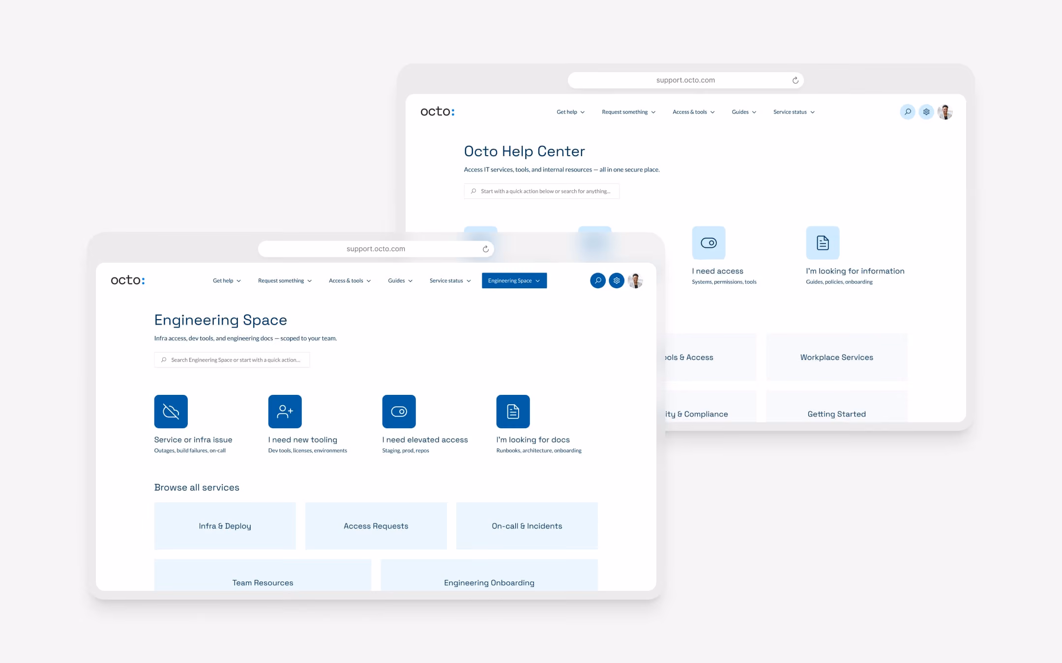 Screenshots of Octo help center and engineering space web pages offering IT services and resources.