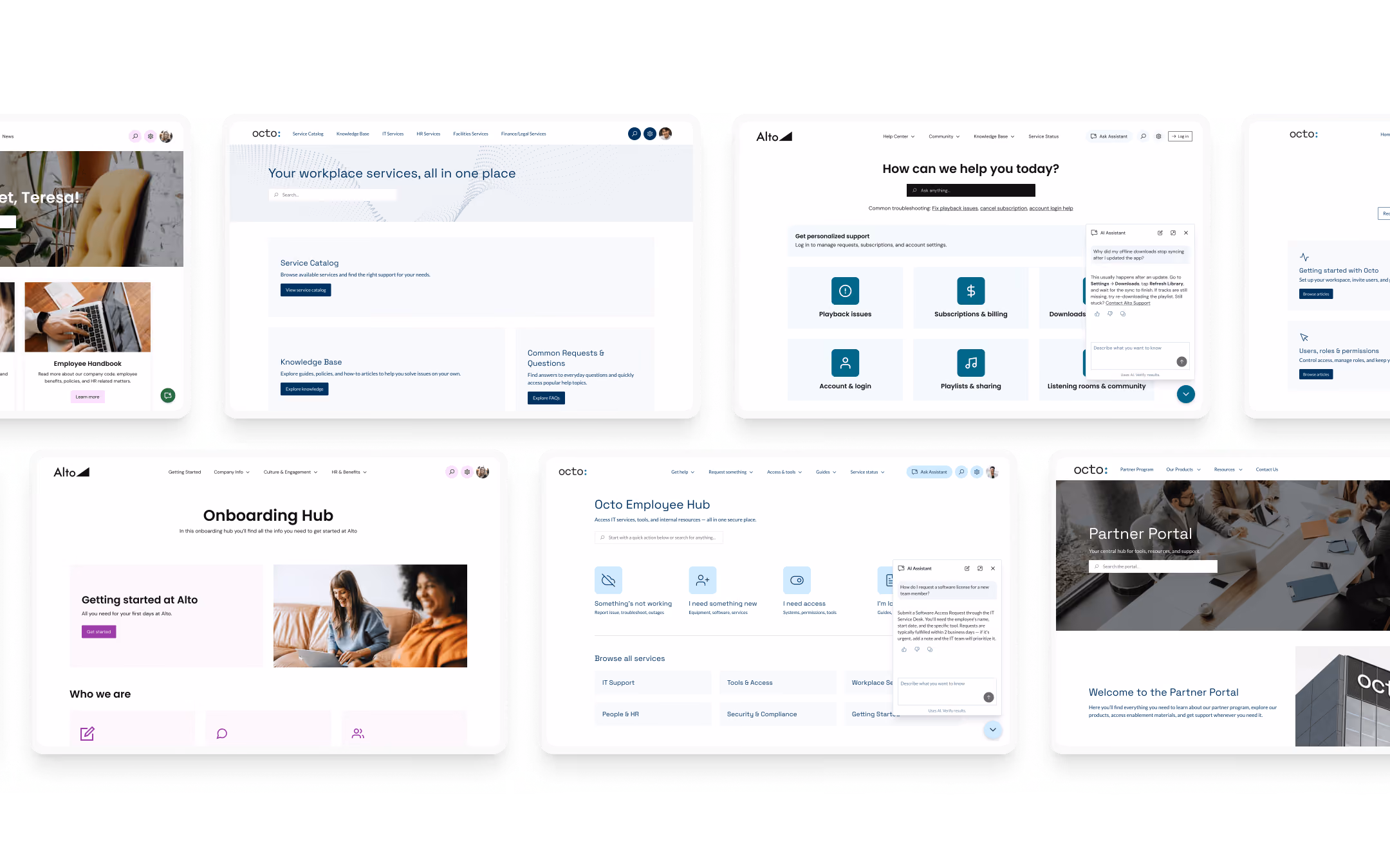 Collage of workplace platform dashboards showing service catalogs, onboarding, help center, and partner portal.