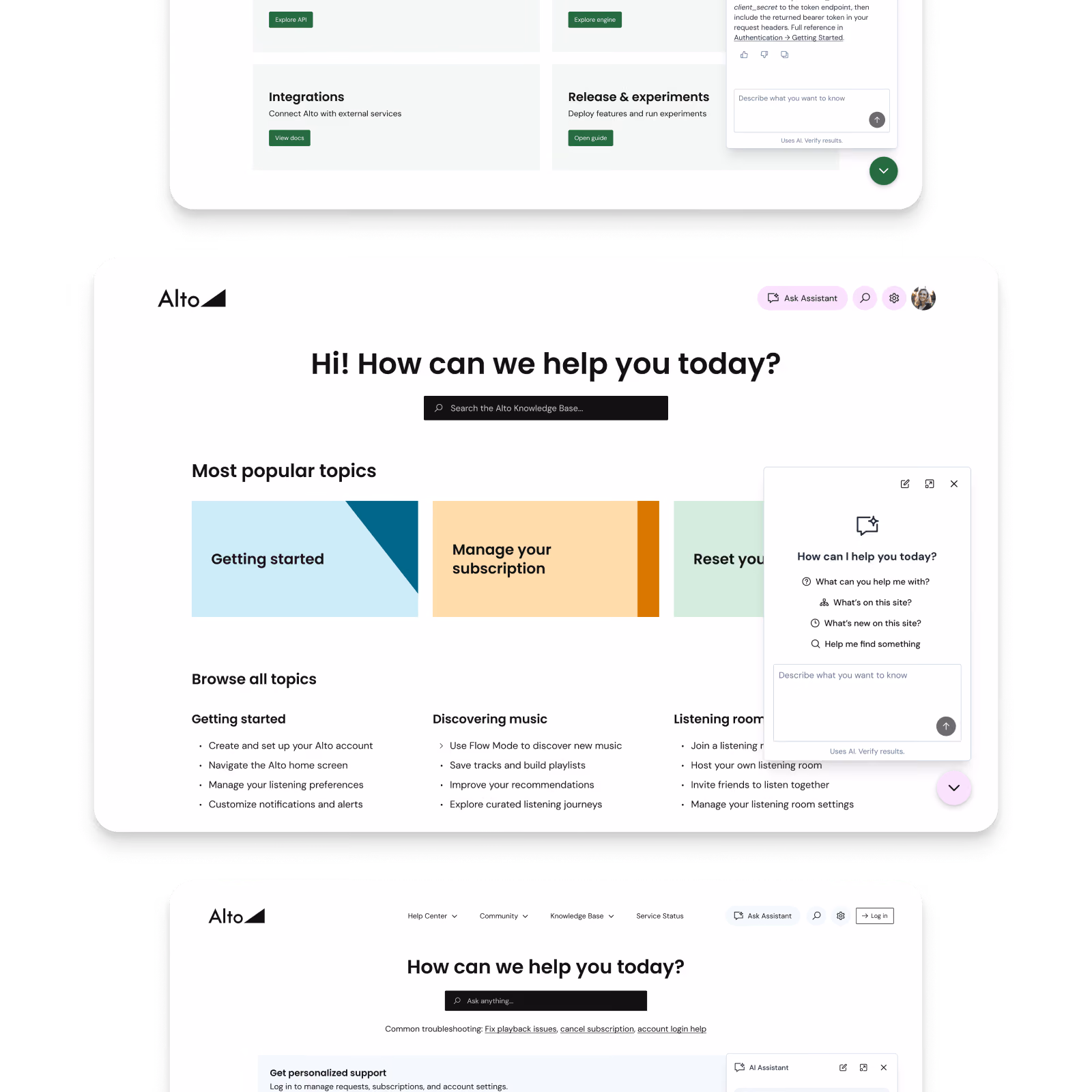 Screenshots of Alto web pages showing knowledge base and documentation.