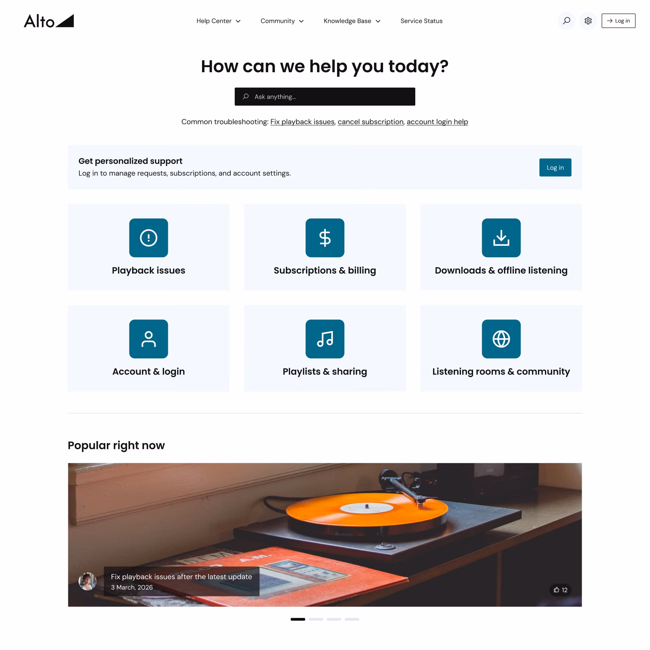 Alto support page with search, help topics, and a record player with an orange vinyl on a desk.