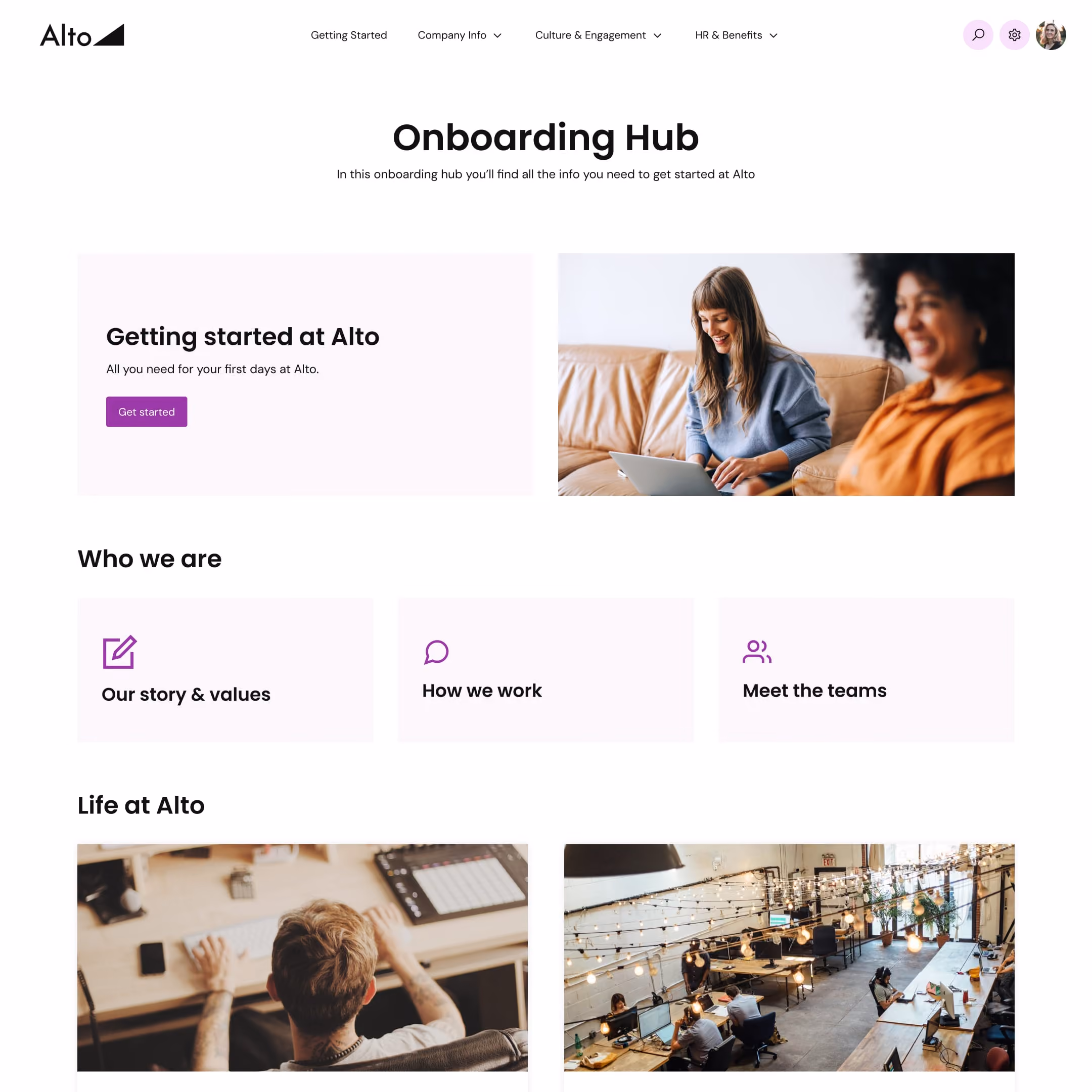 Alto onboarding hub page with sections on getting started, company info, culture, and life at Alto with images of people working.