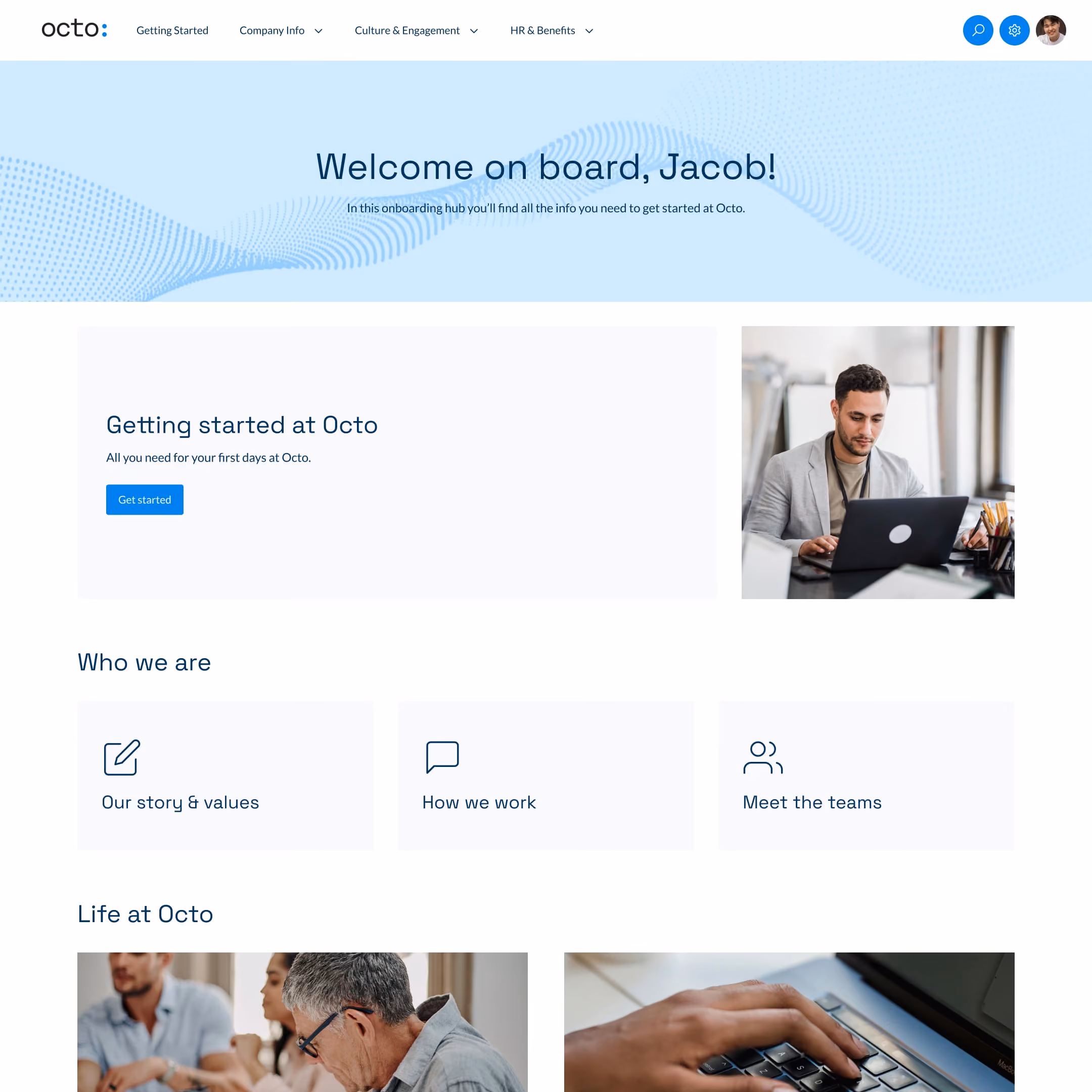 Employee onboarding hub for Octo with sections on getting started, company info, teams, and life at Octo.